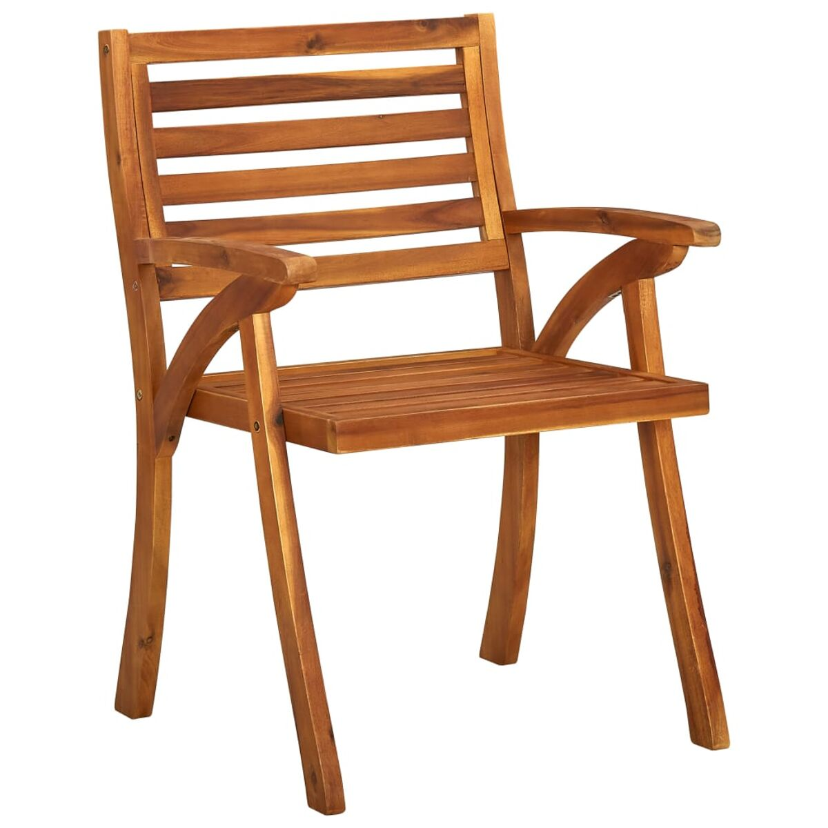 Holzstuhl mit Armlehnen. Lattenrücken und Sitz, stabile Konstruktion. Braune Farbe.