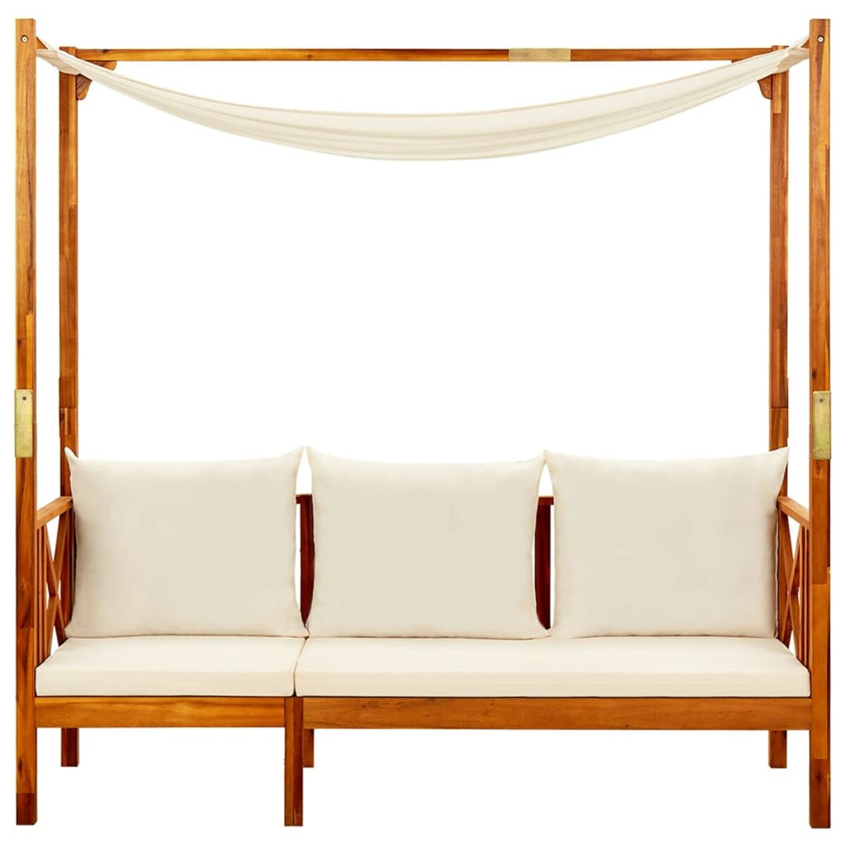 Holz-Outdoor-Sofa mit Baldachin. Weiße Kissen und Baldachin. Weißer Hintergrund.