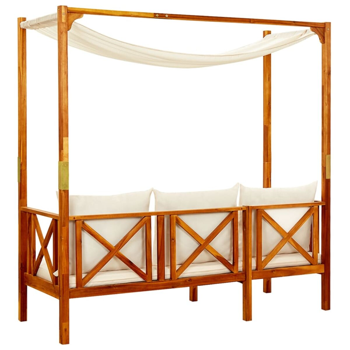 Holz-Baldachin-Sofa mit weißen Kissen. Ein Baldachin über dem Sofa.