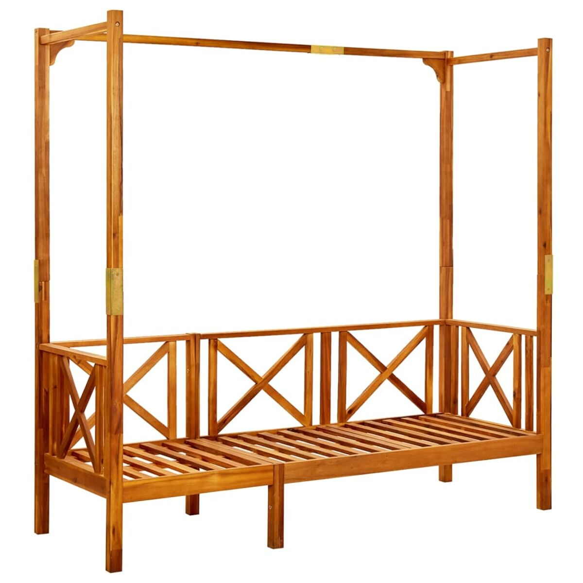 Tagesbett mit Holzbaldachin, X-Design und Lattenrost, weißer Hintergrund.