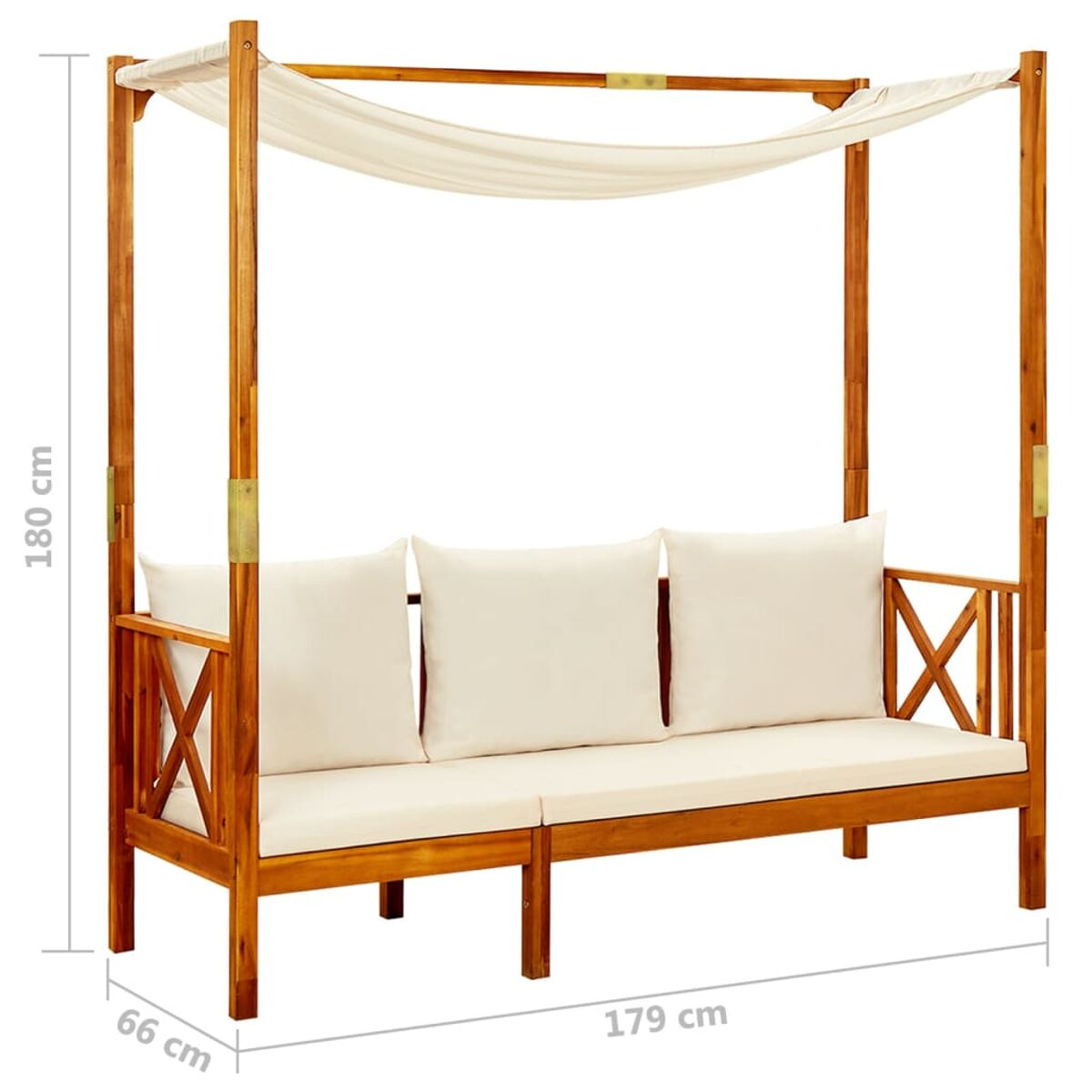 Holz-Baldachin-Sofa mit cremefarbenen Kissen. Die Maße sind angegeben. Isoliert.