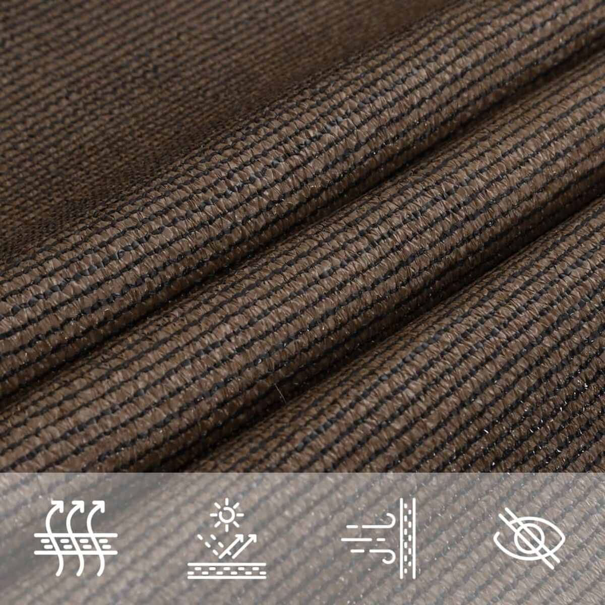 Nahaufnahme eines braunen Stoffes mit schwarzen Streifen und Symbolen für Luftstrom, UV-Schutz und Augenschutz.