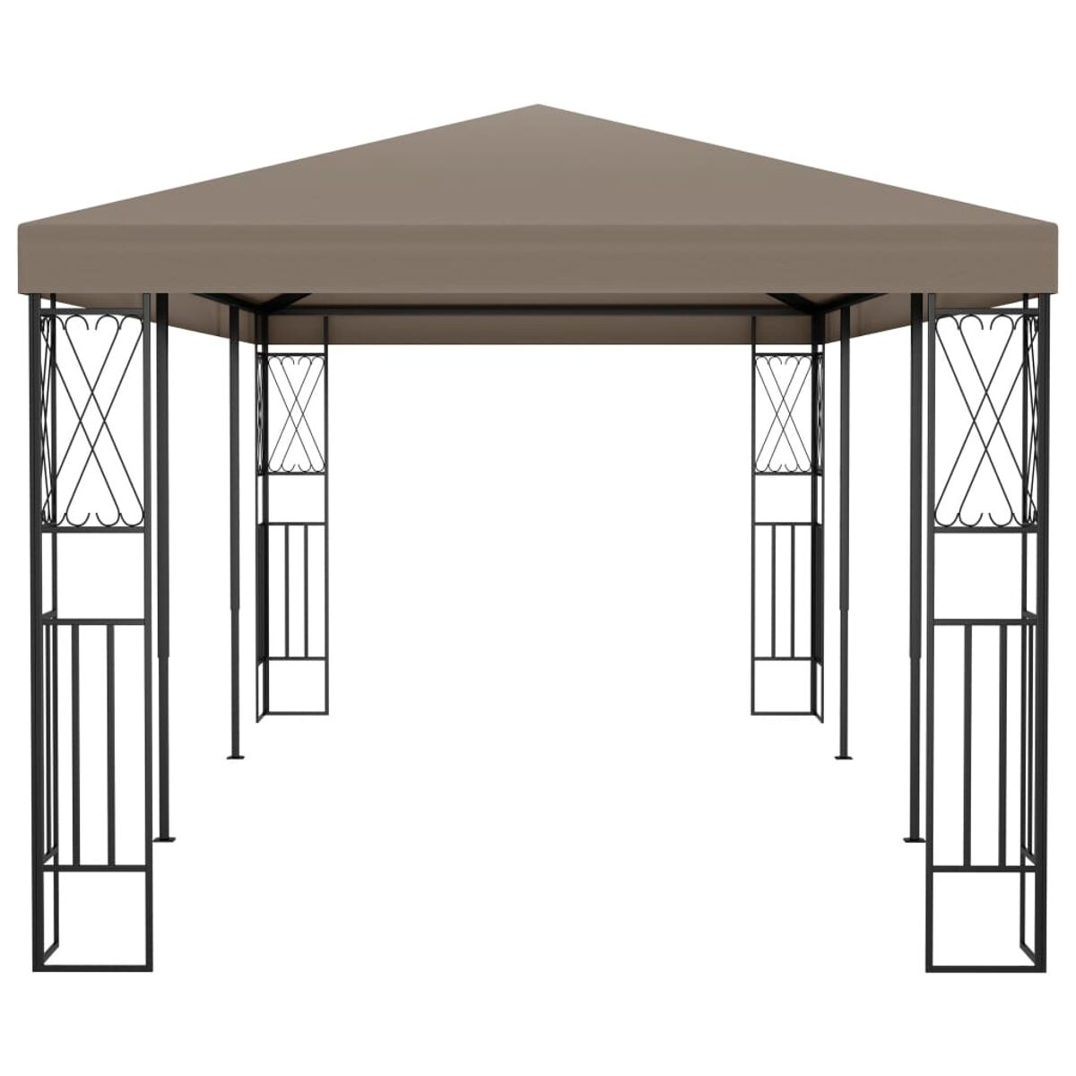 Beiger Pavillon mit schwarzem Rahmen, dekorative Akzente.