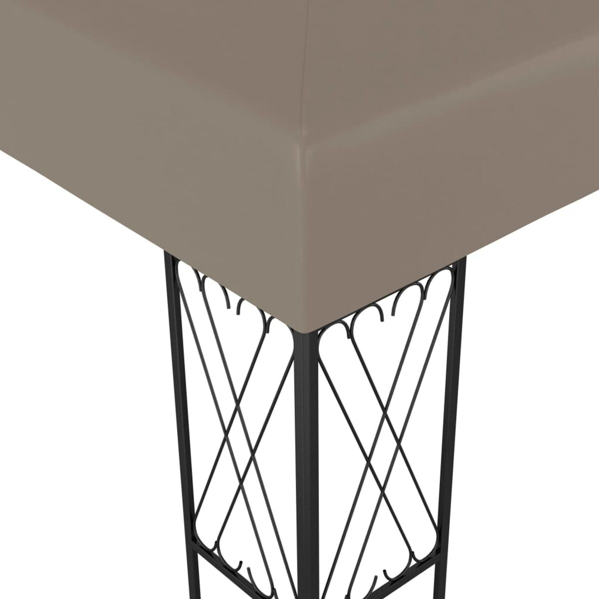 Pavillon-Eckdetail mit braunem Baldachin und schwarzem Rahmen. Der Hintergrund ist weiß.