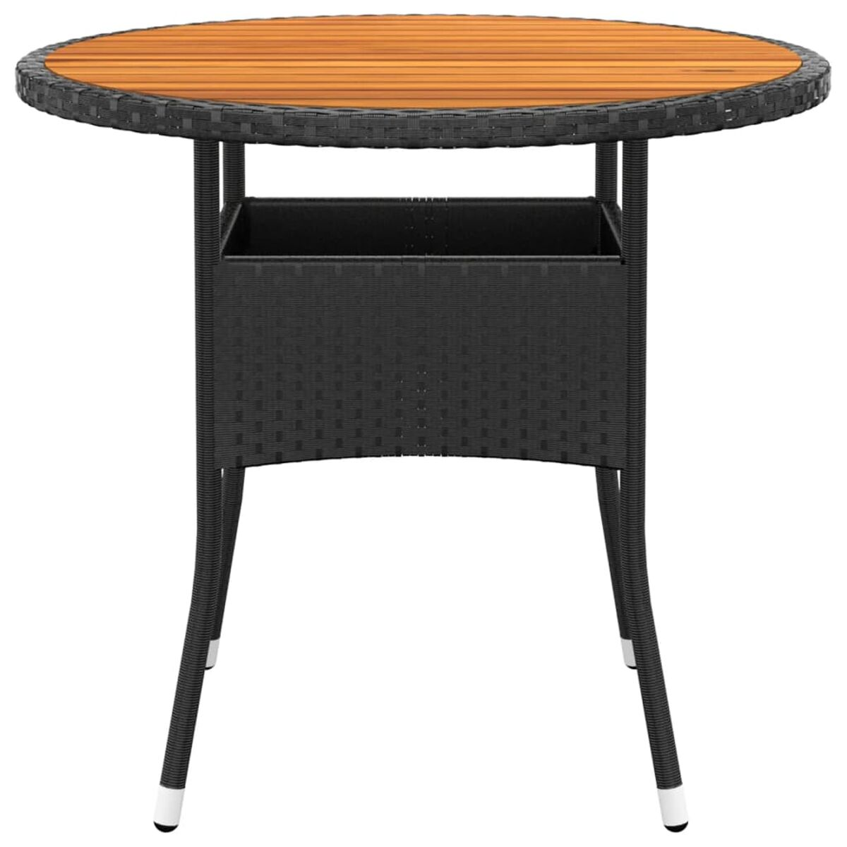 Runder Tisch mit schwarzem, gewebtem Untergestell und Holzplatte.