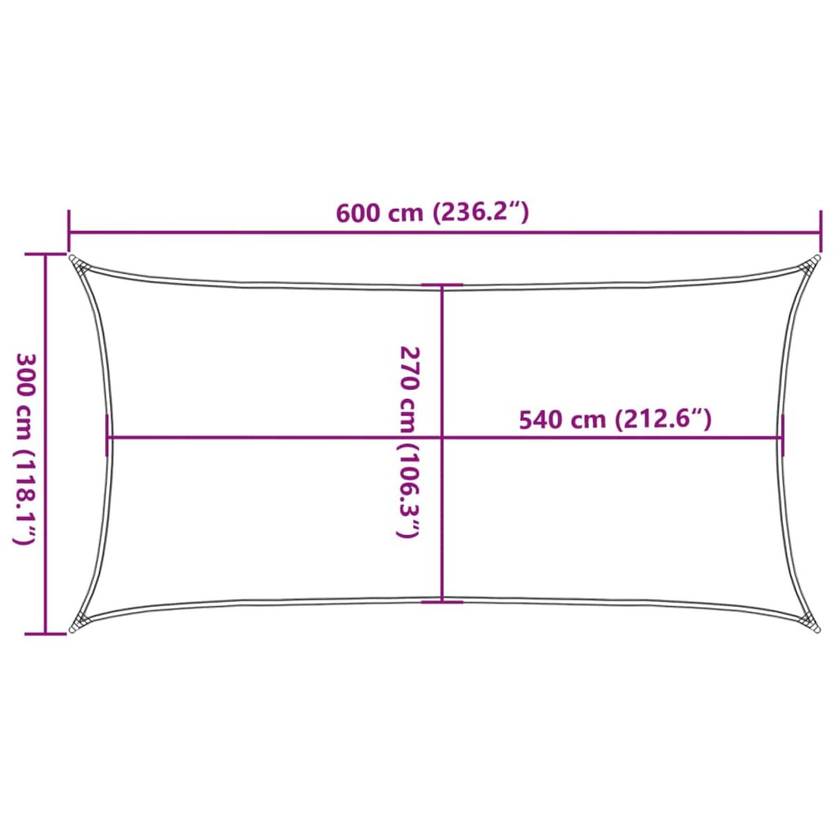 Rechteckiger Sonnenschirm in Beige. Abmessungen: 600x300 cm, 270x540 cm.