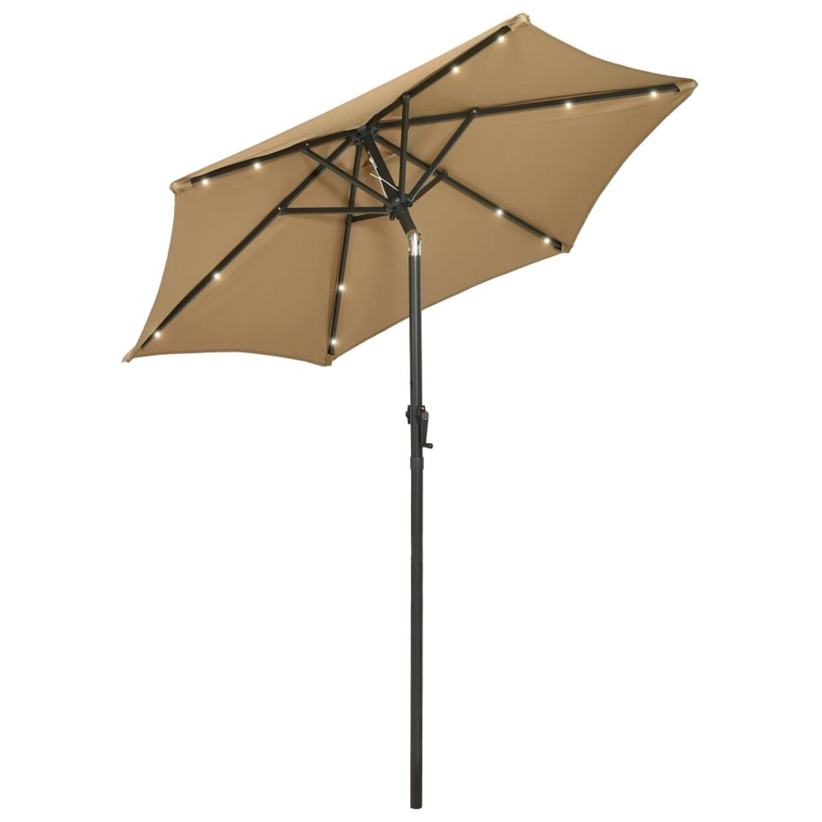 Beigefarbener Sonnenschirm mit Lichtern. Verfügt über einen dunklen Mast und ein sternförmiges Lichtmuster auf dem Schirm.