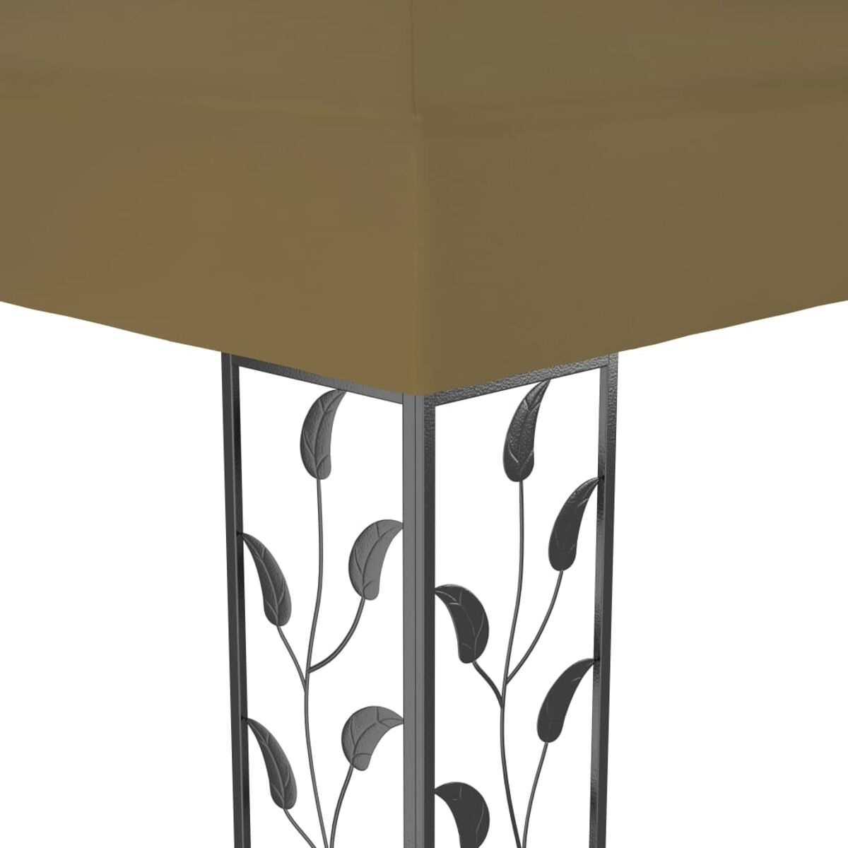 Nahaufnahme einer Pavillonecke. Metallstruktur mit Blattdesign und einem taupefarbenen Baldachin.