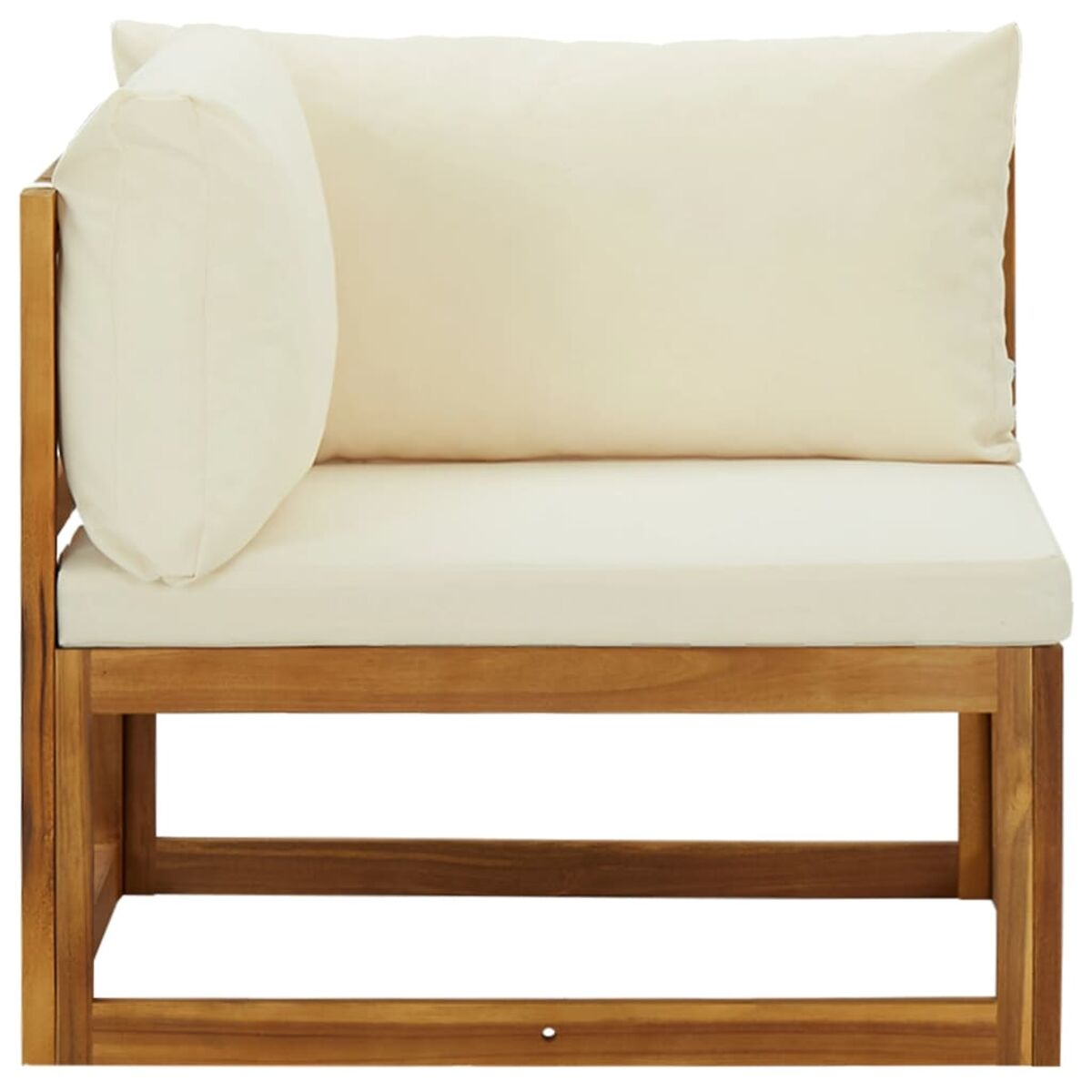 Ecksofa aus Holz mit cremefarbenem Kissen und Kissen. Es befindet sich auf weißem Hintergrund.