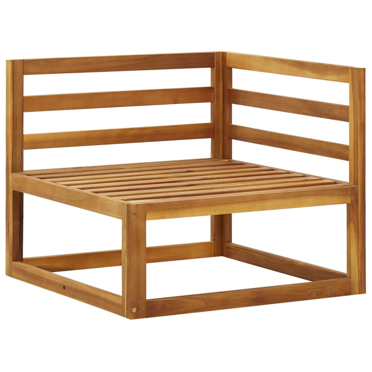 Eckstuhl aus Holz mit Lattenrost und Rückenlehne, aus hellbraunem Holz.