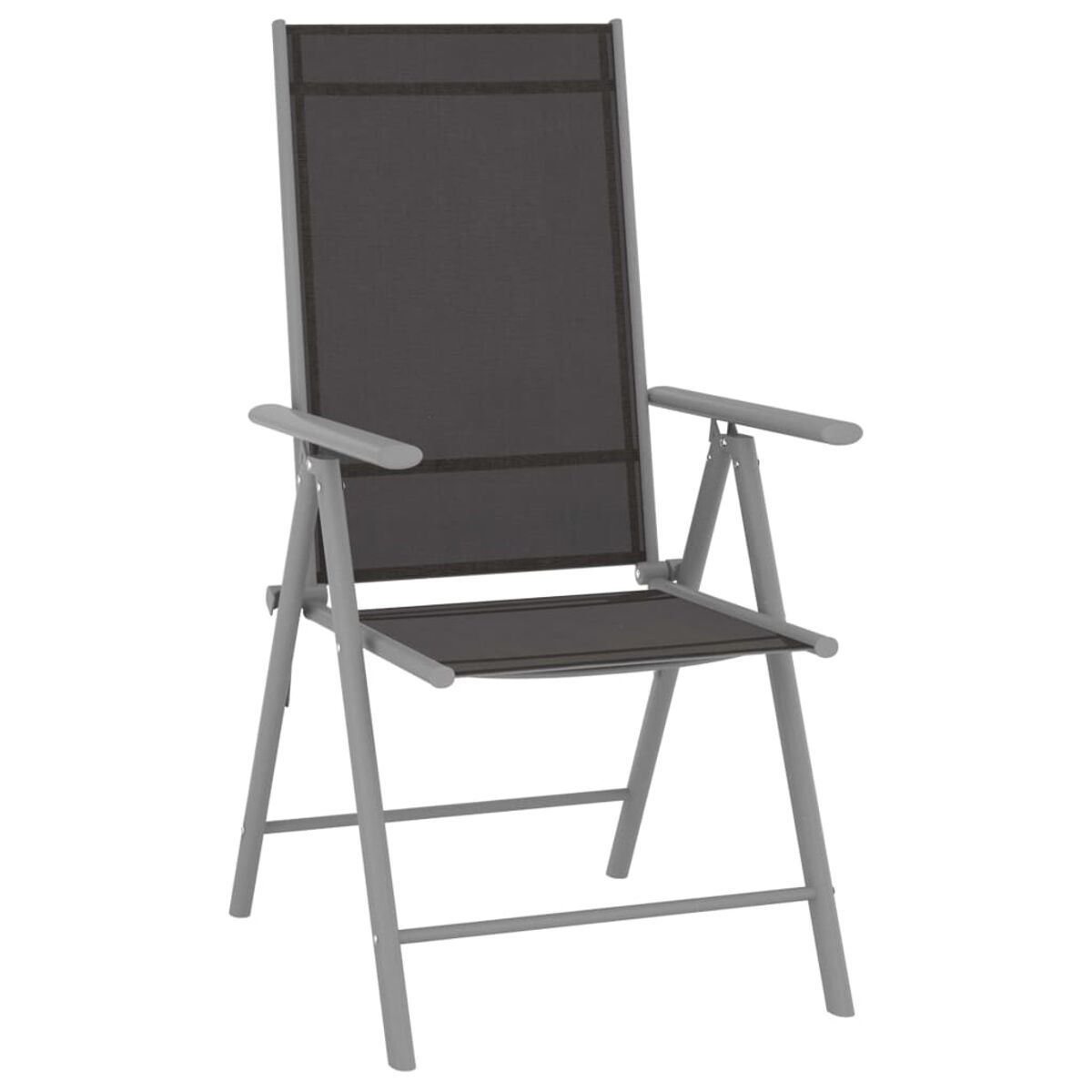 Grauer Metallklappstuhl mit Sitzfläche und Rückenlehne aus schwarzem Stoff.