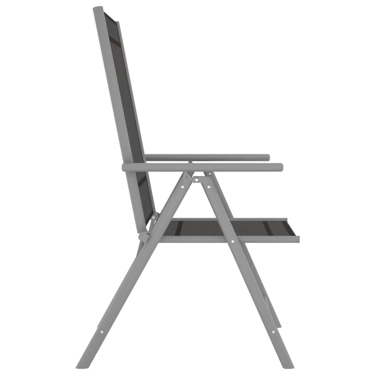 Seitenansicht eines Klappstuhls. Der Stuhl ist grau mit schwarzem Sitz und Rücken.