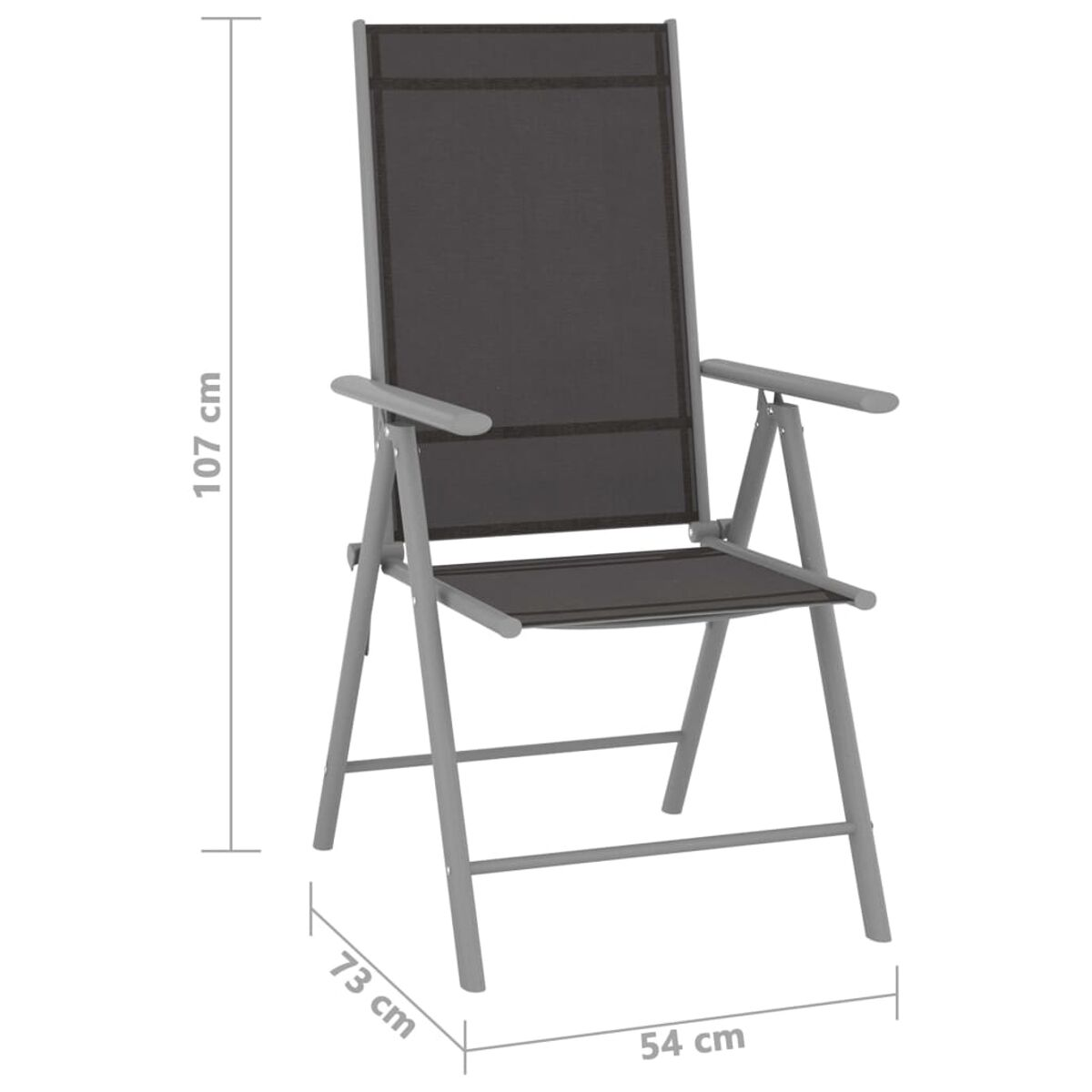 Grauer Klappstuhl, Seitenansicht, Maße: 107cm, 73cm, 54cm.