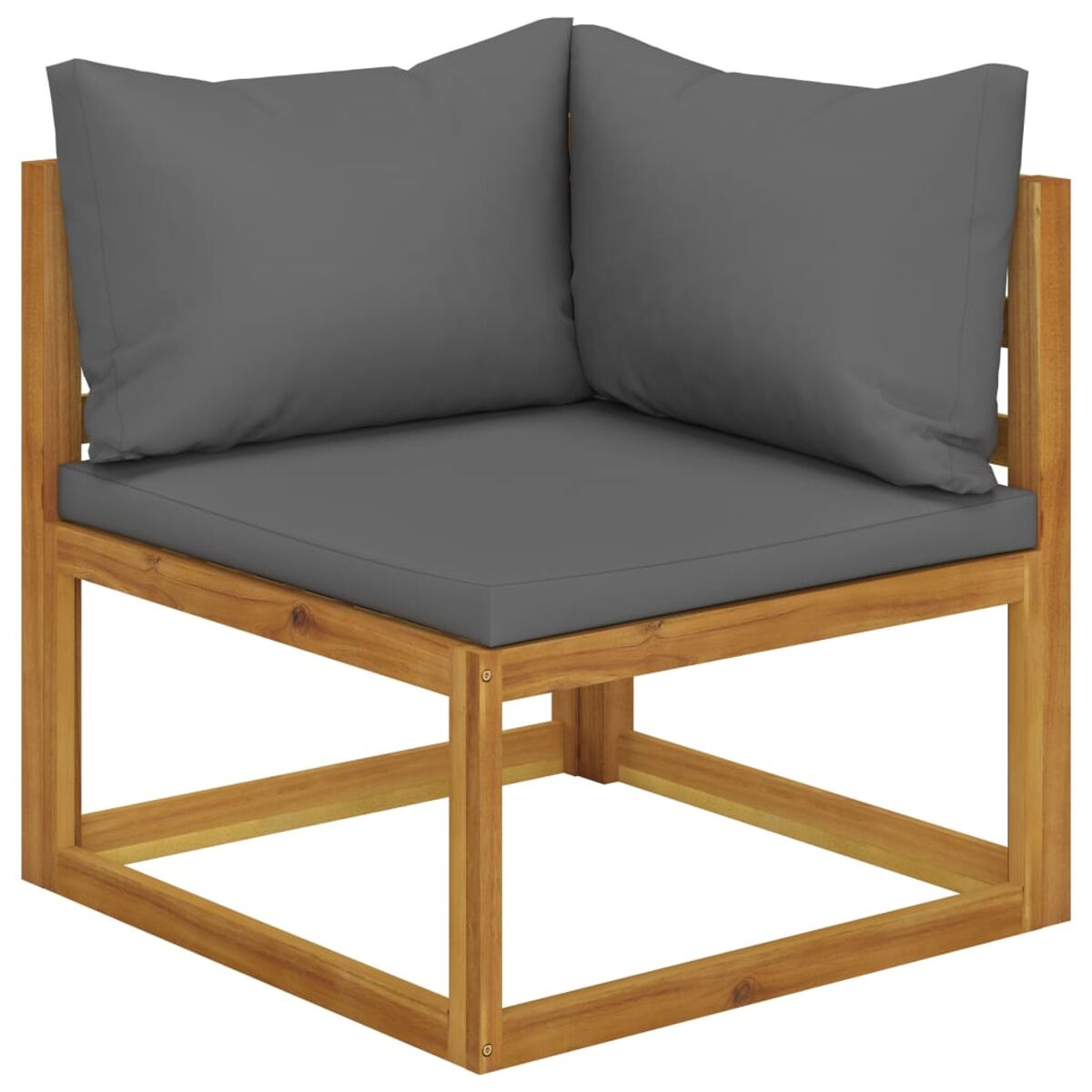 Eckstuhl aus Holz mit grauen Kissen. Einfaches Design. Für den Außenbereich geeignet.