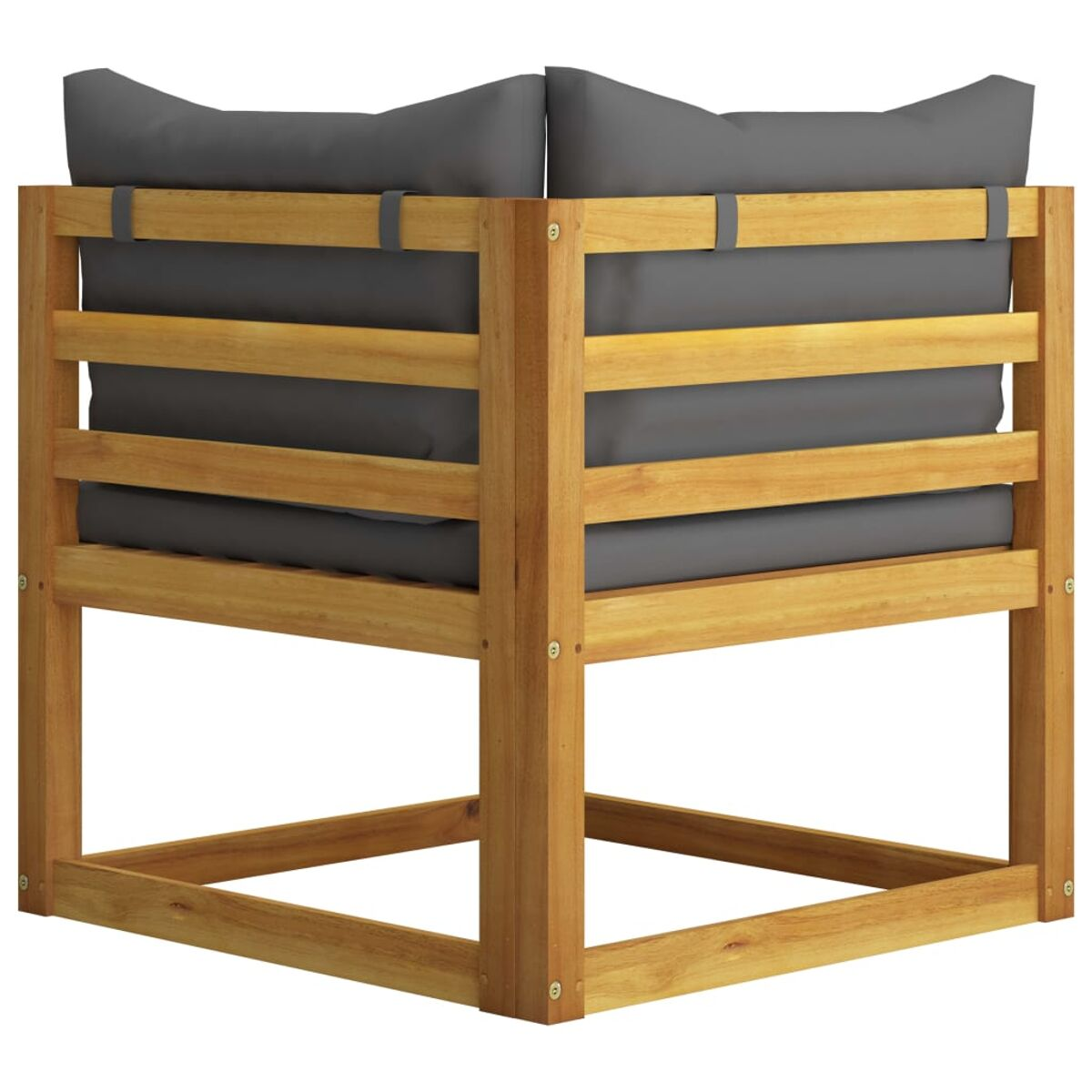 Holzrahmen für einen Outdoor-Sessel mit grauen Kissen.