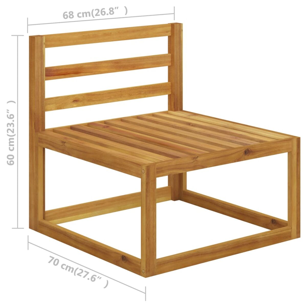 Quadratischer Holzstuhl. Der Stuhl ist leer.