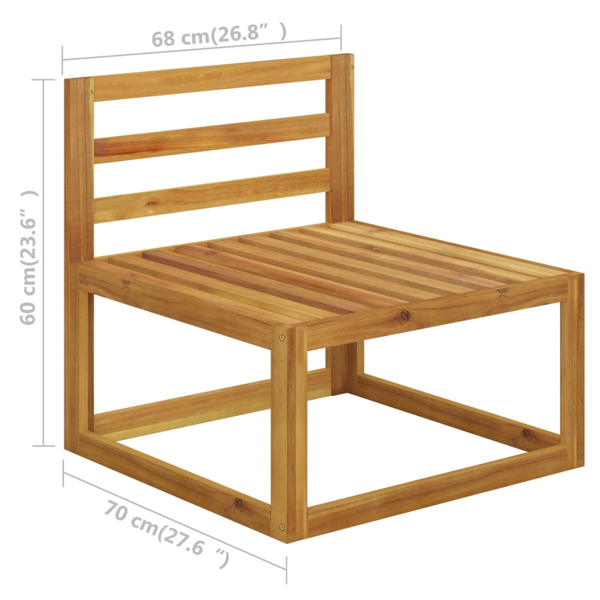 Holzstuhl mit Latten auf Sitz und Rücken, Abmessungen beschriftet.