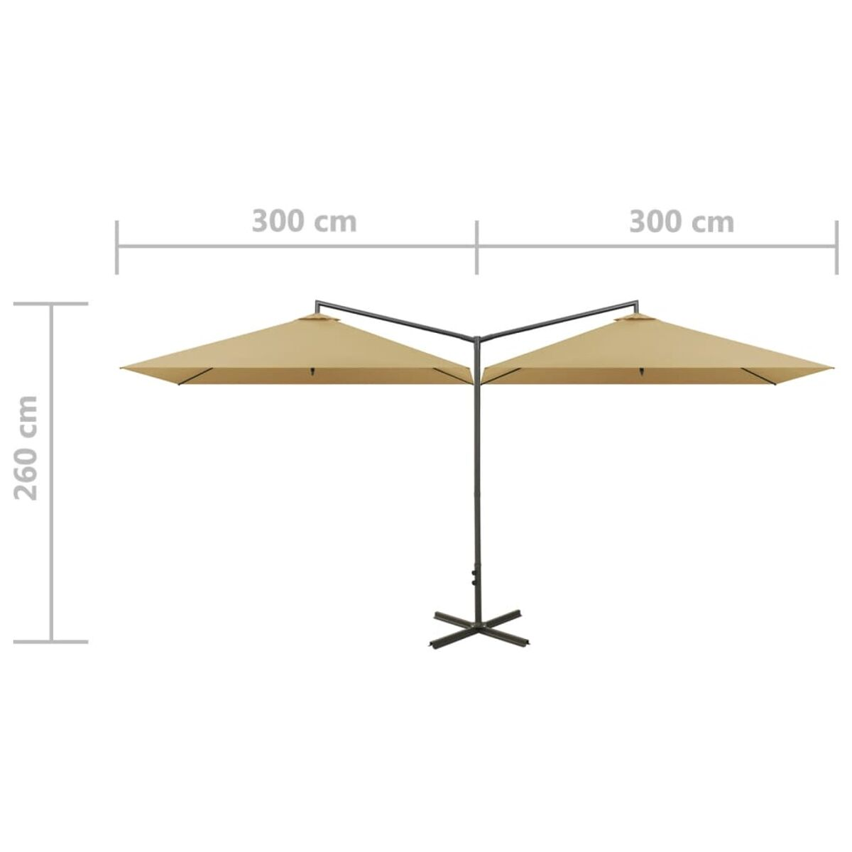 Regenschirm mit beschrifteten Abmessungen. 300 cm breit, 260 cm hoch. Beiges Verdeck und eine schwarze Stange. Weißer Hintergrund.