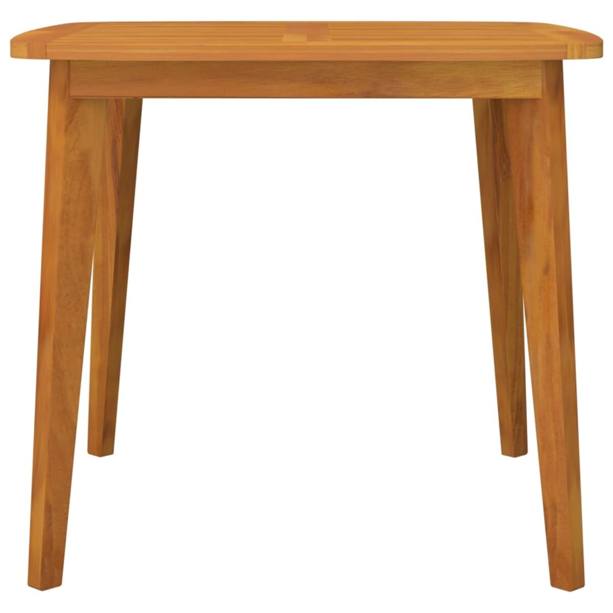 Quadratischer Holztisch, vier Beine. Hellbraune Farbe, schlichtes Design. Vorderansicht.