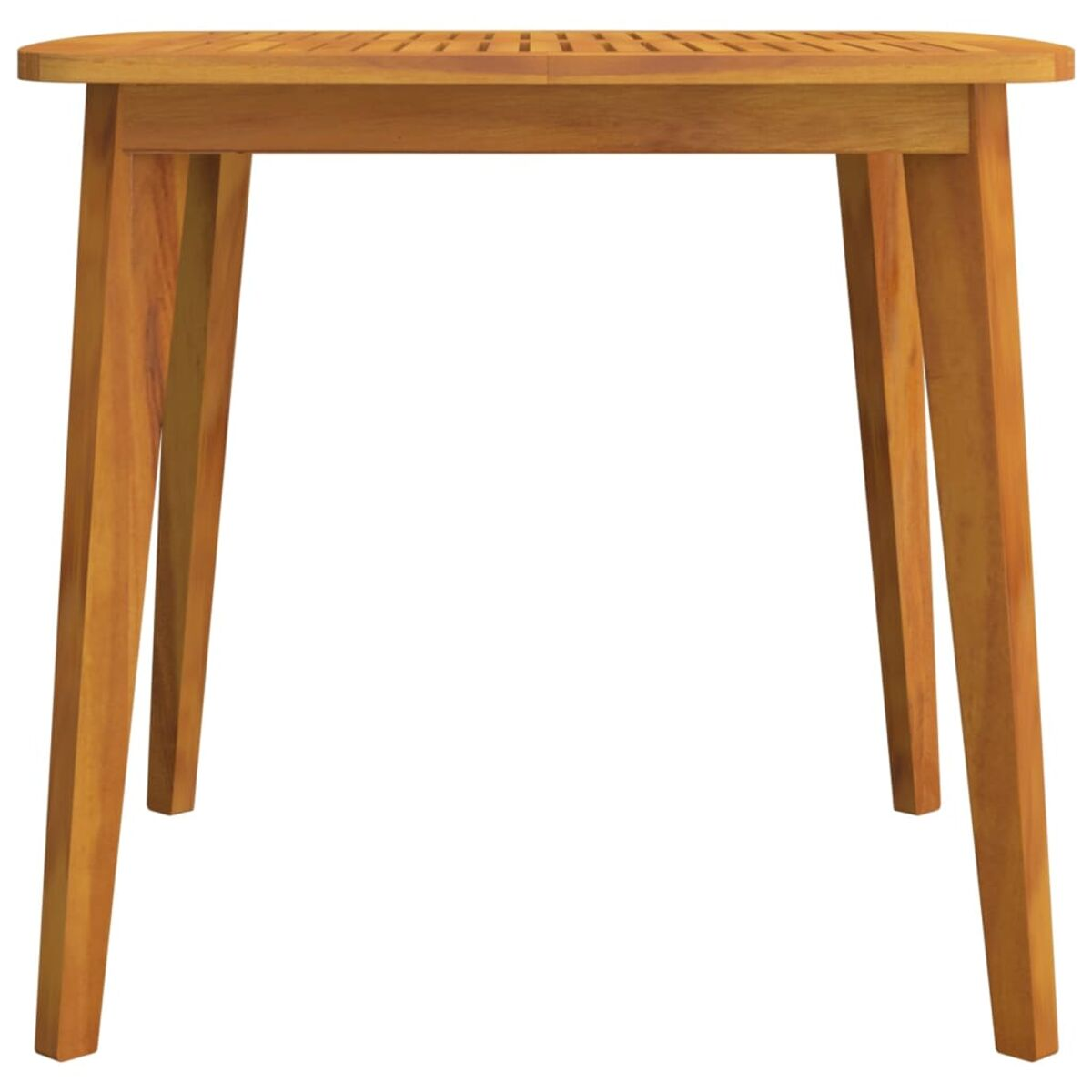 Kleiner quadratischer Holztisch. Braunes Holz, vier Beine, mit Latten-Tischplatte.