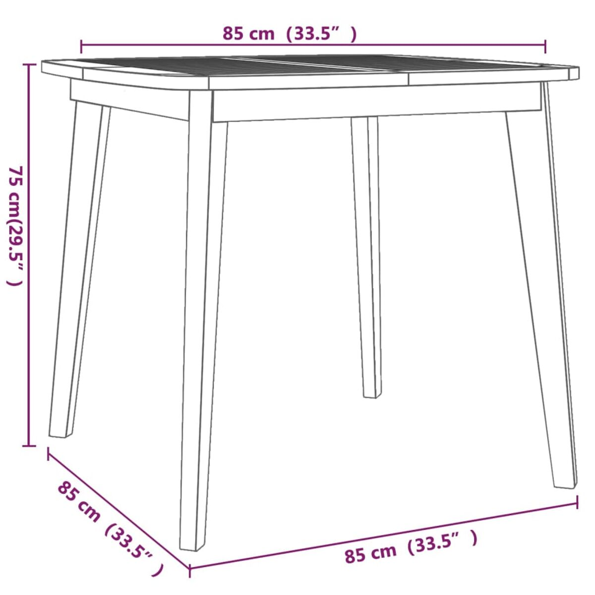 Quadratischer Holztisch mit Maßen. Er hat 4 Beine und eine Lamellenplatte.