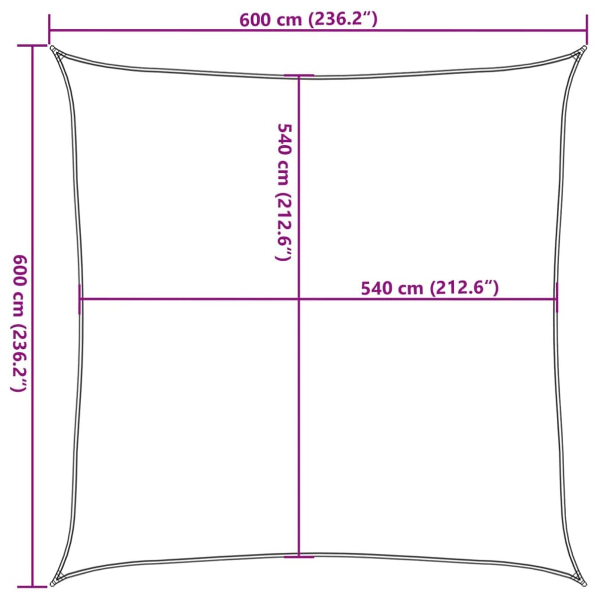 Un parasole quadrato con dimensioni. Le dimensioni sono 600 cm per 540 cm.