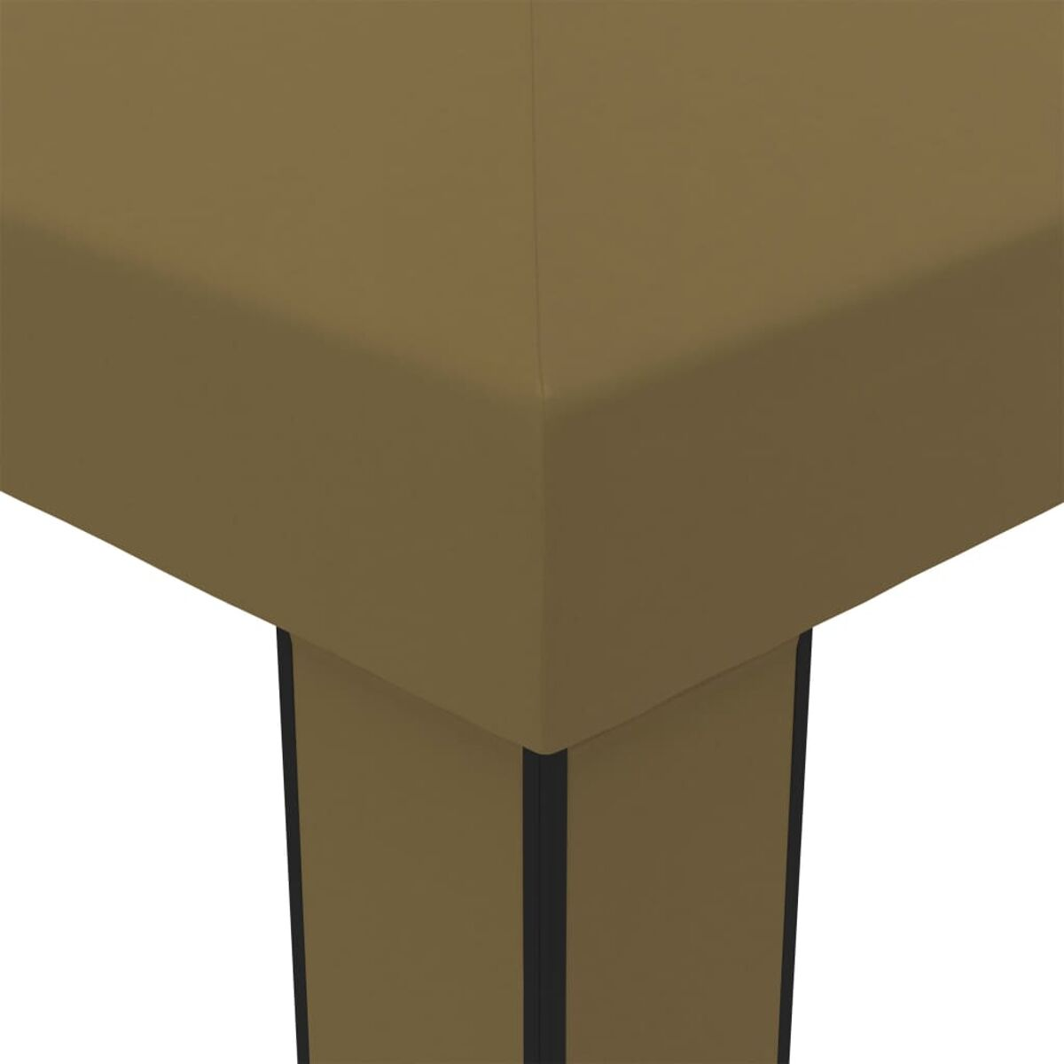 Nahaufnahme einer Tischecke. Braune Platte und Beine. Schwarze Linien-Details. Weißer Hintergrund.