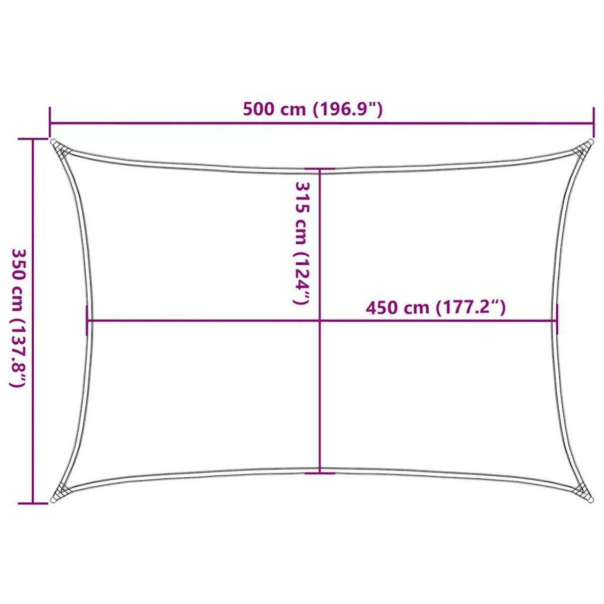 Ein quadratischer Sonnenschutz mit den Maßen: 500x350 cm.