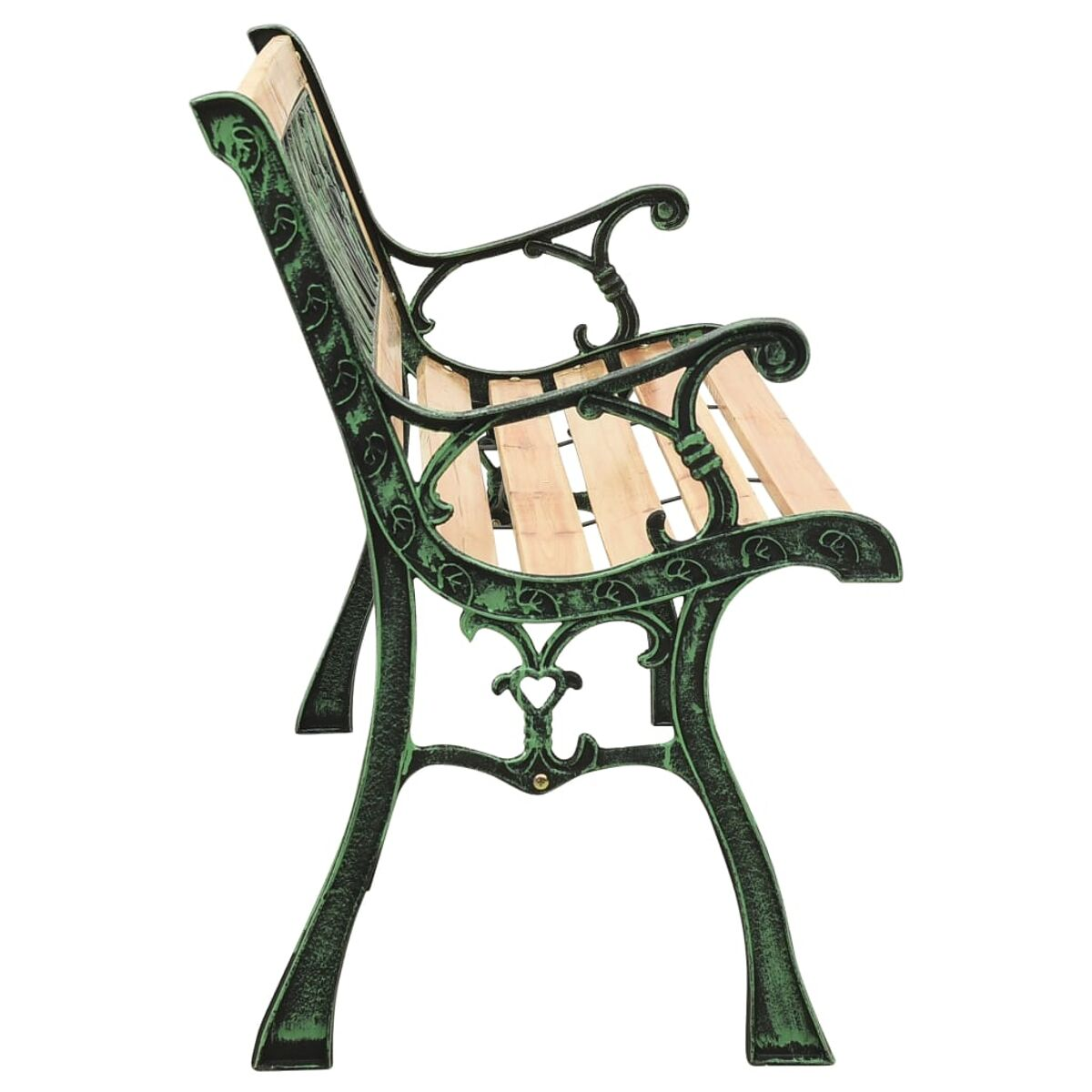 Grüne und schwarze Metall-Parkbank. Sie hat einen Holzsitz und dekorative Details.