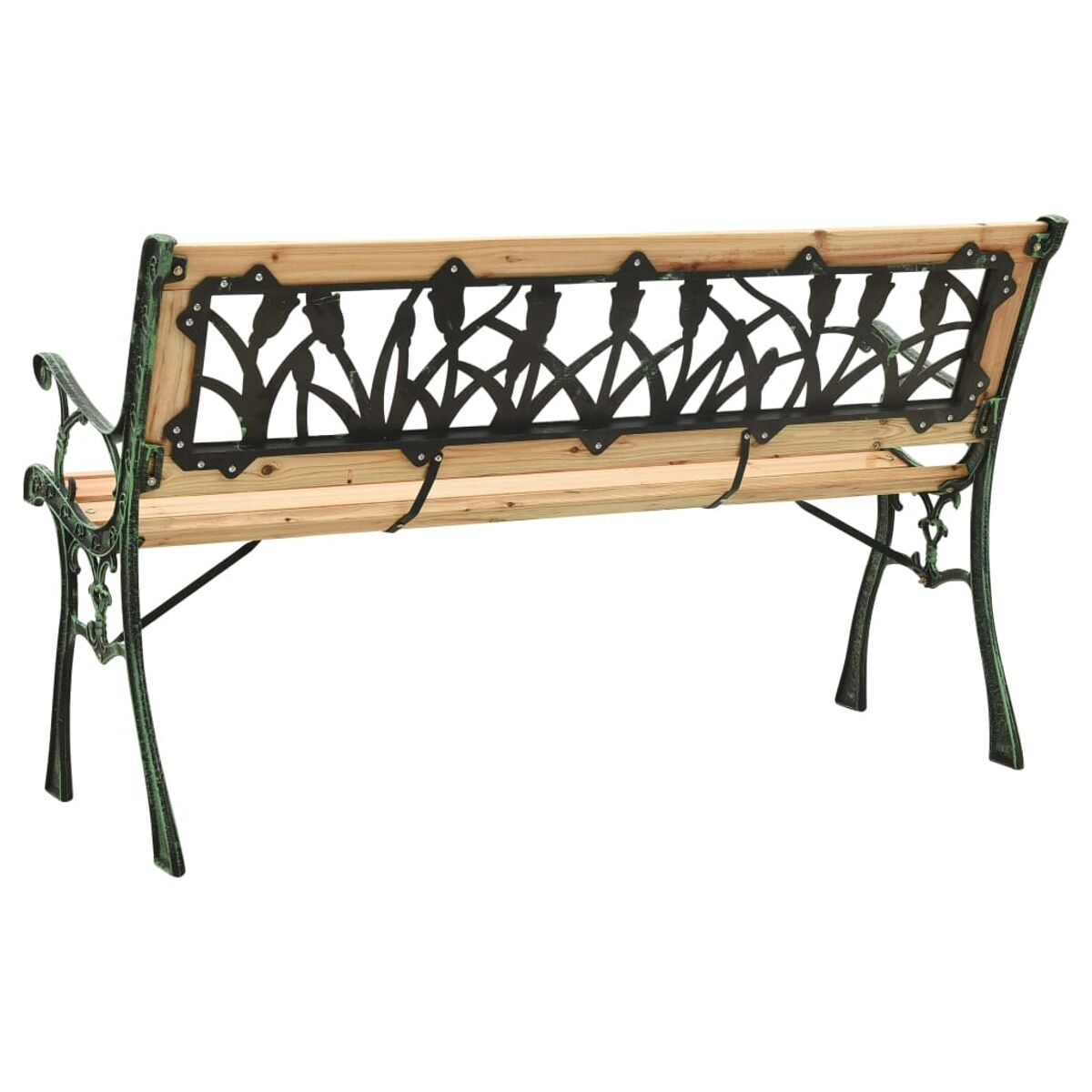 Parkbank im Freien. Holzsitz und -lehne, mit floralen Metallakzenten und grünem Metallrahmen.