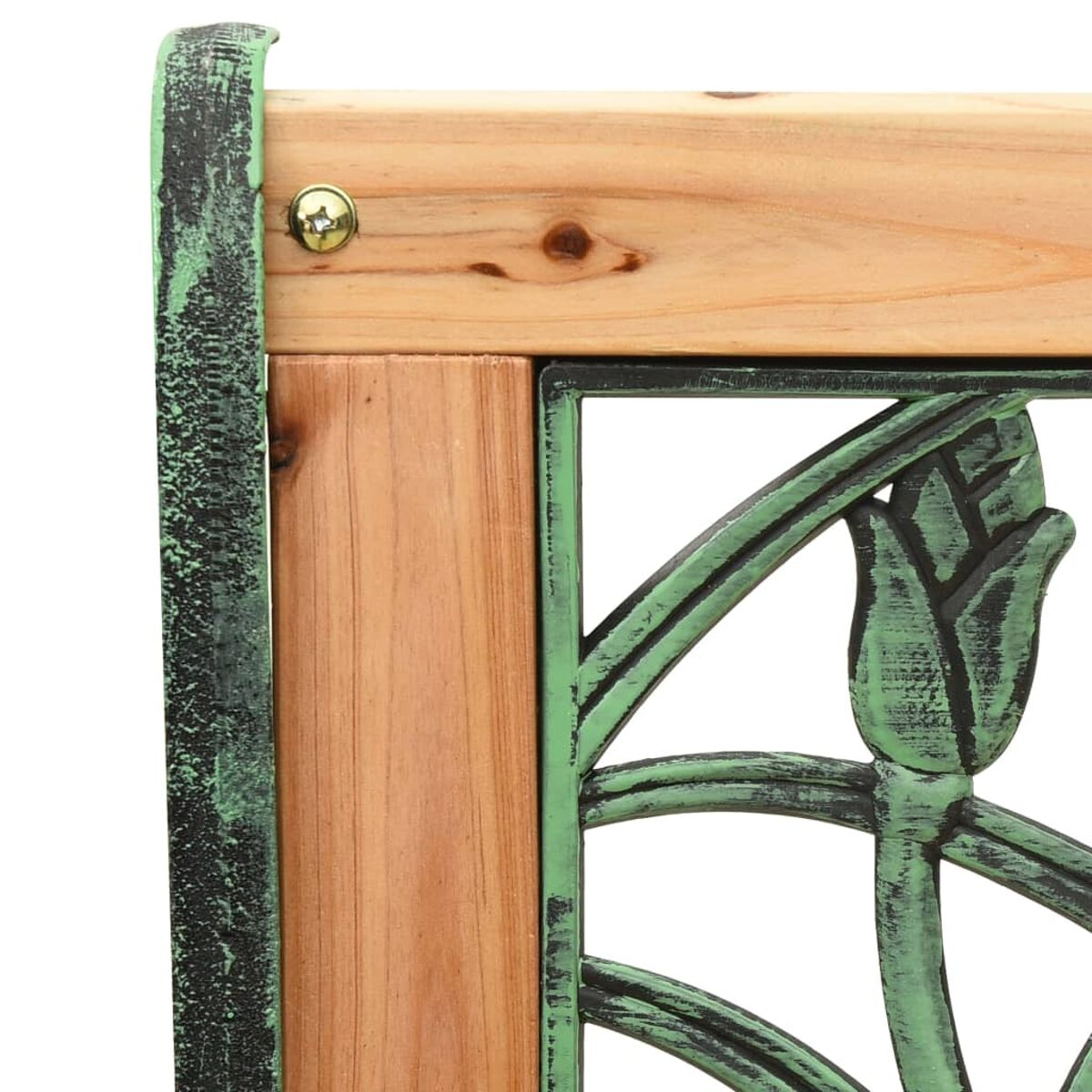 Nahaufnahme eines Holzrahmens mit grünem Metall-Blumendesign.