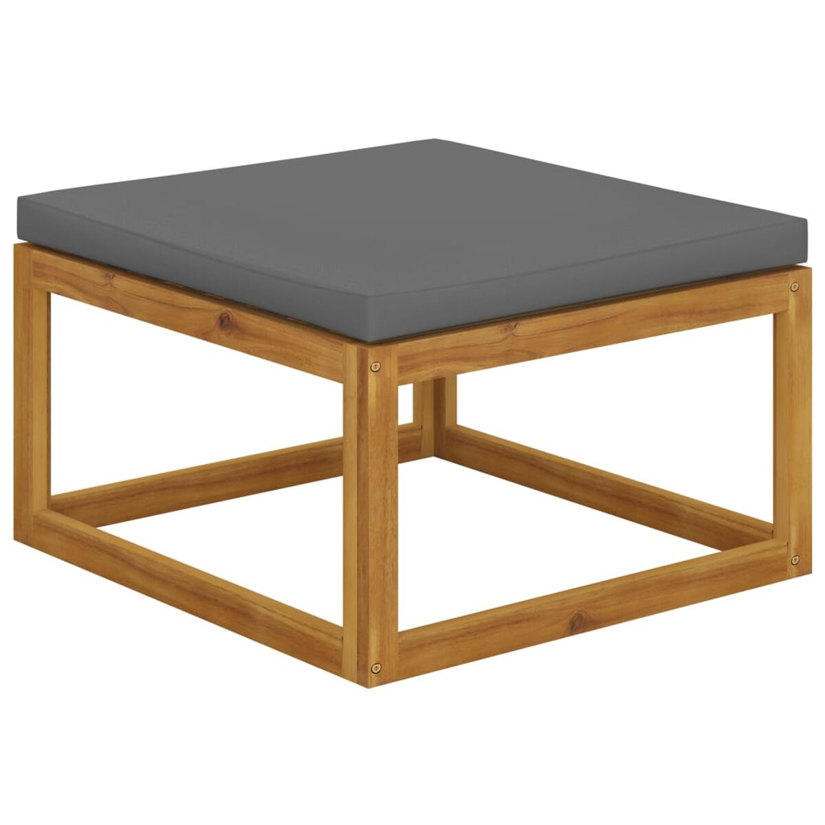 Quadratische Holz-Outdoor-Ottomane mit grauem Kissen oben. Einfaches Design.
