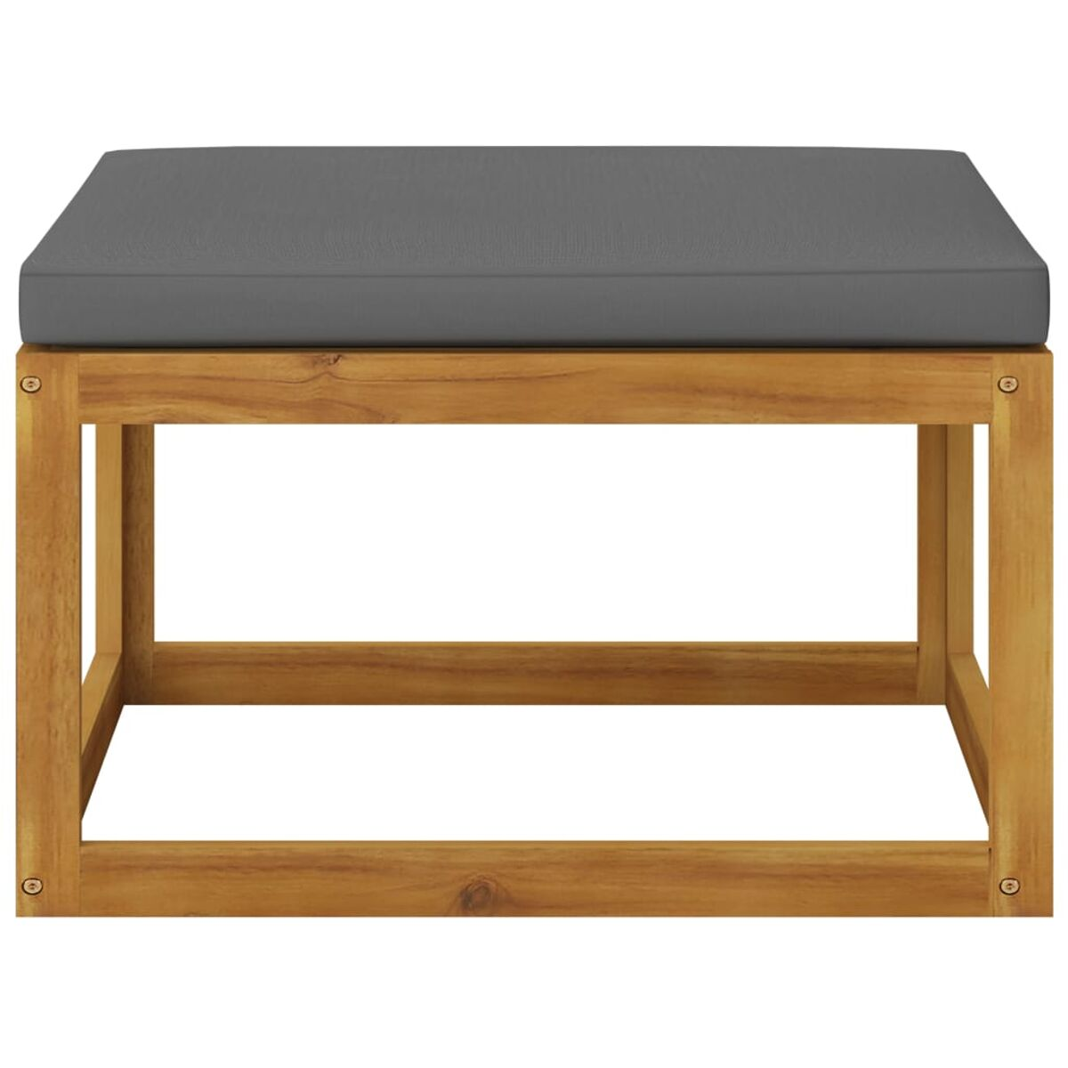 Hocker aus Holz mit grauem Kissen. Brauner Holzrahmen.