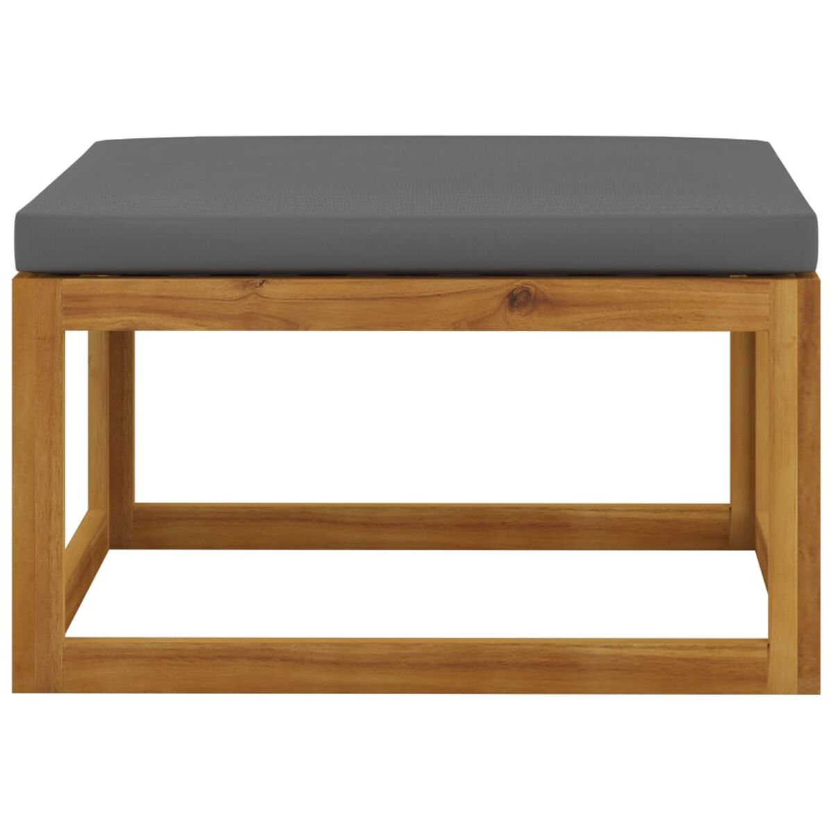 Hocker aus Holz mit grauem Kissen. Rechteckige Form, schlichtes Design, Holzbeine.