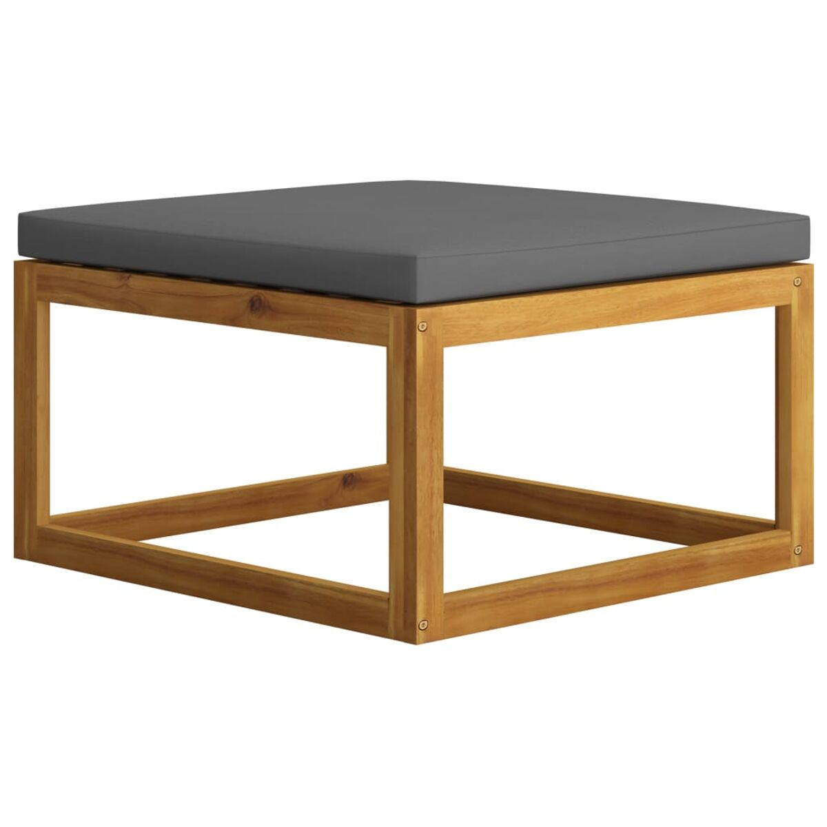 Quadratischer Kaffee-Außentisch aus Holz mit grauem Kissen. Der Tisch hat ein Würfeldesign.