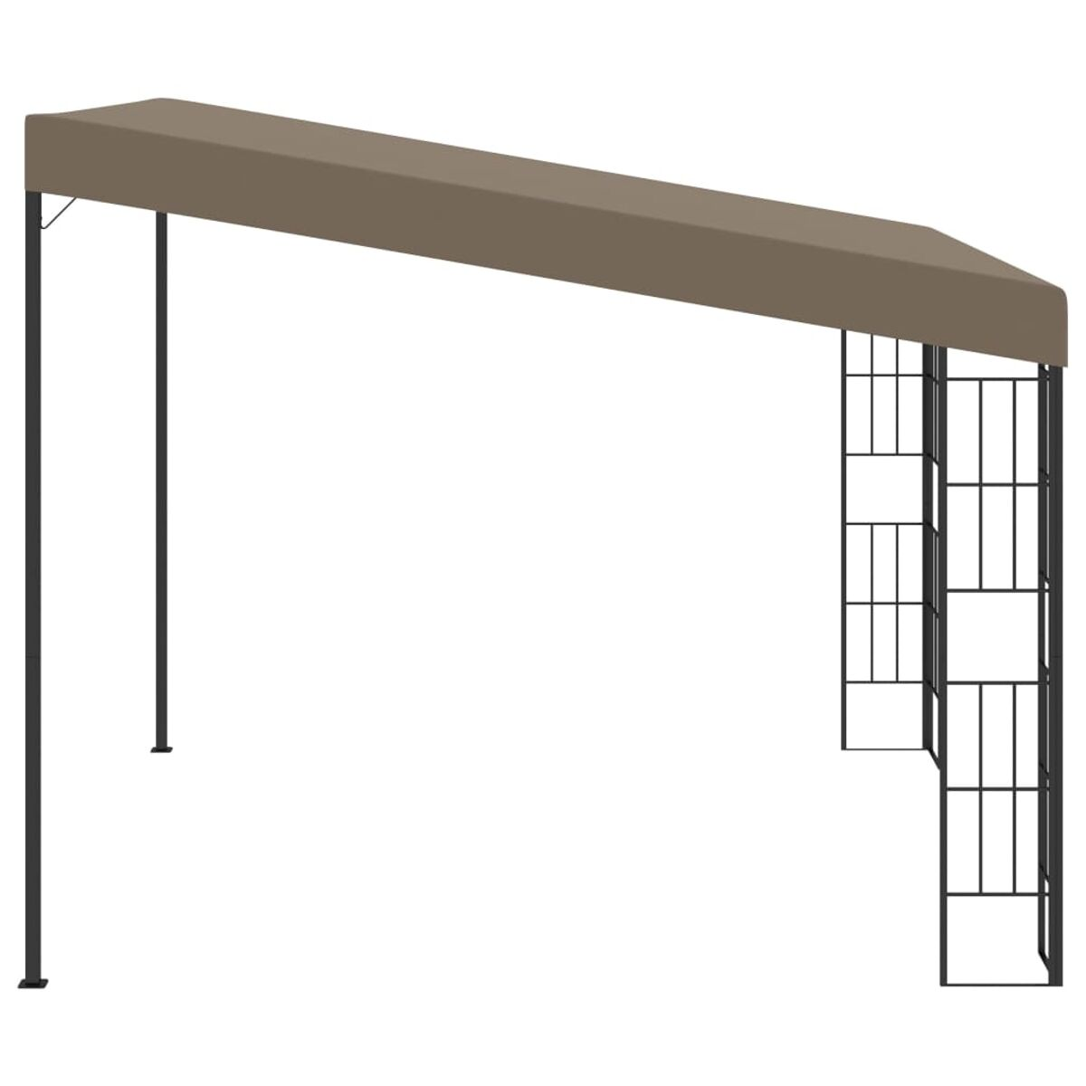 Eine braune Pergola mit schwarzem Gestell, weißer Hintergrund.