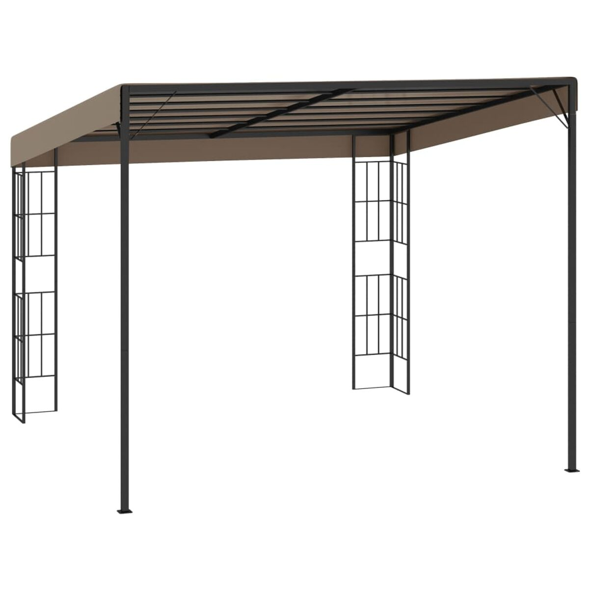 Ein schwarzes, metallgerahmtes Gartenhaus mit einem beigen Baldachin.