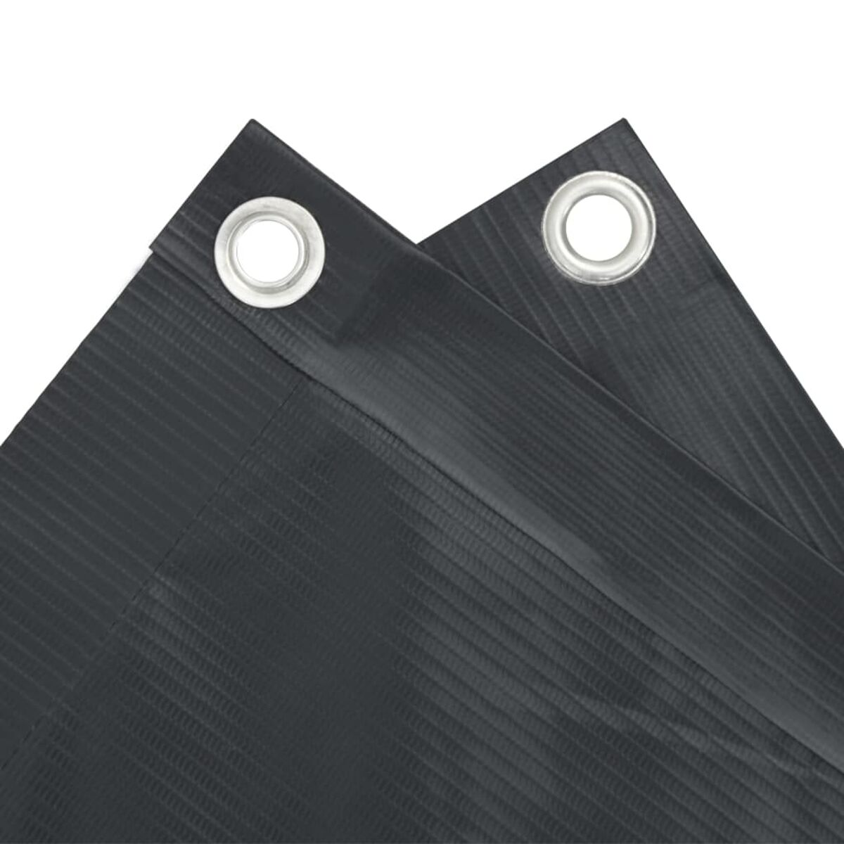 Nahaufnahme von schwarzem Planenmaterial mit Metallösen zum Aufhängen, zwei Schichten.