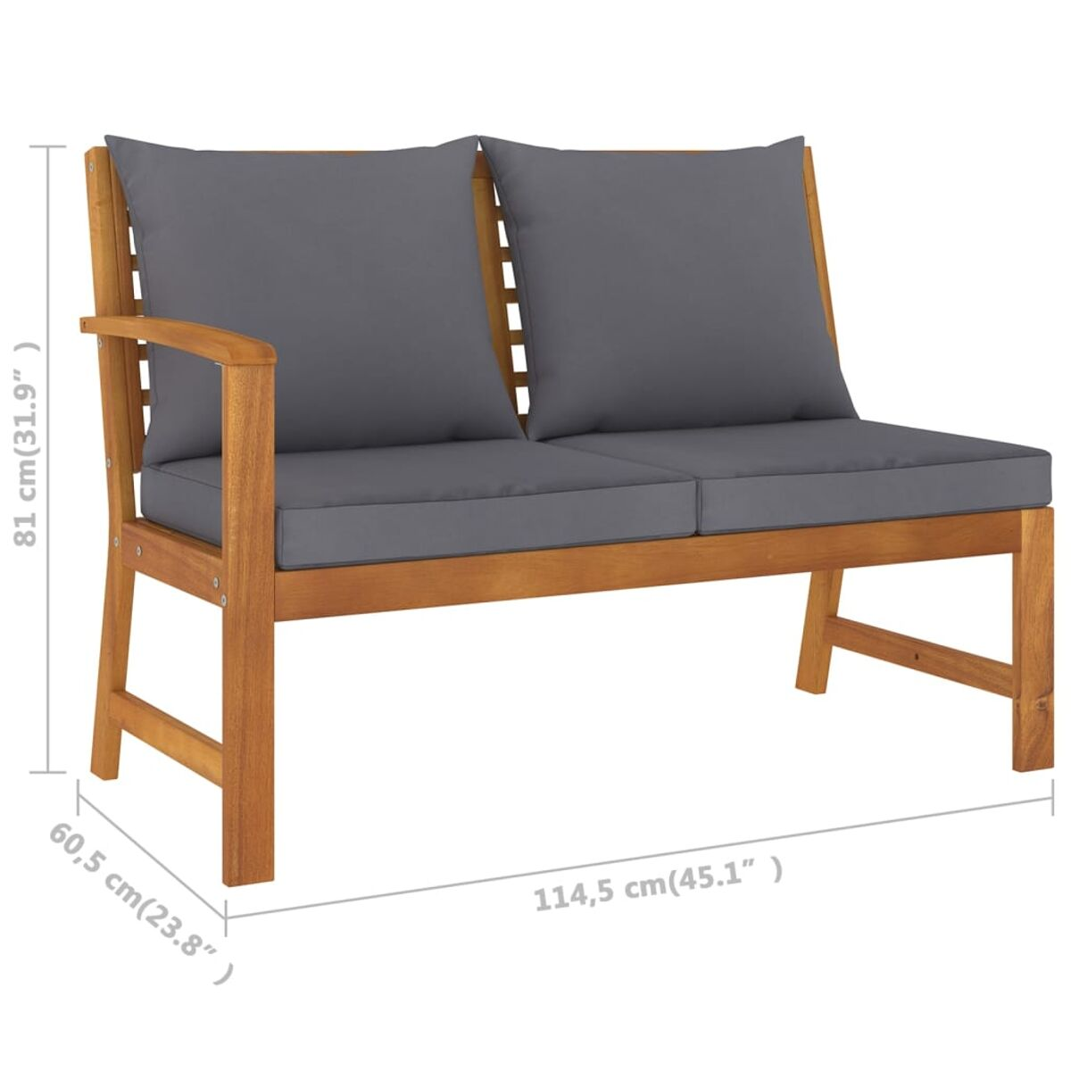 Holz-Loveseat mit grauen Kissen. Maße: 114,5x60,5x81 cm.