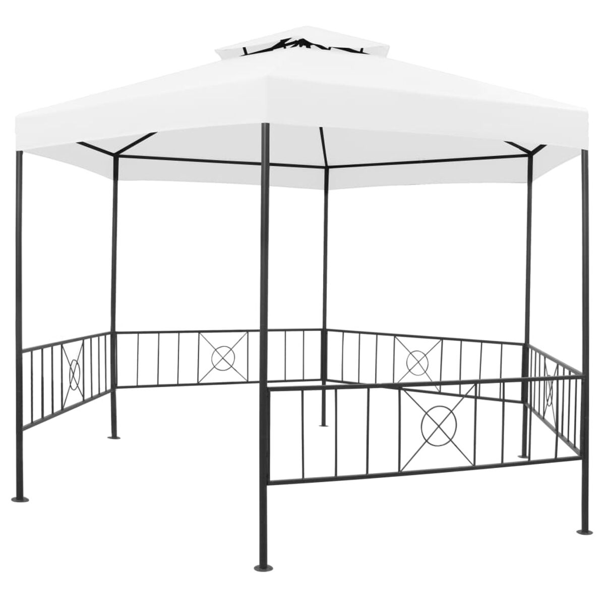 Ein weißer Pavillon mit schwarzem Rahmen. Ein dekorativer Zaun umgibt die Basis.