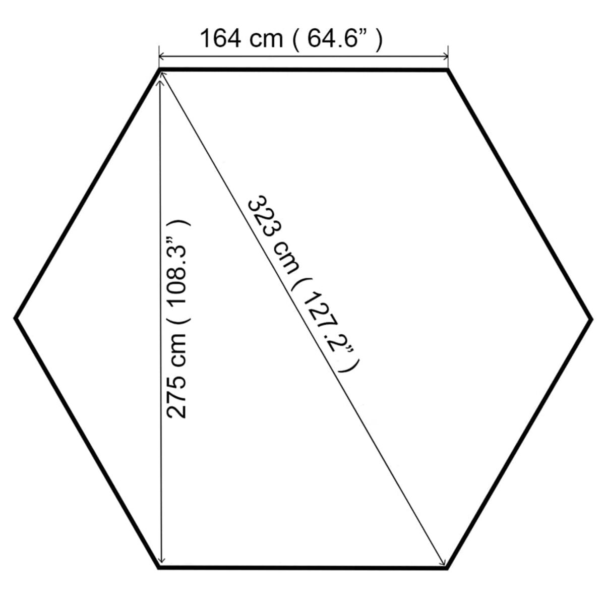 Diagramm eines Sechsecks mit Abmessungen in cm und Zoll.