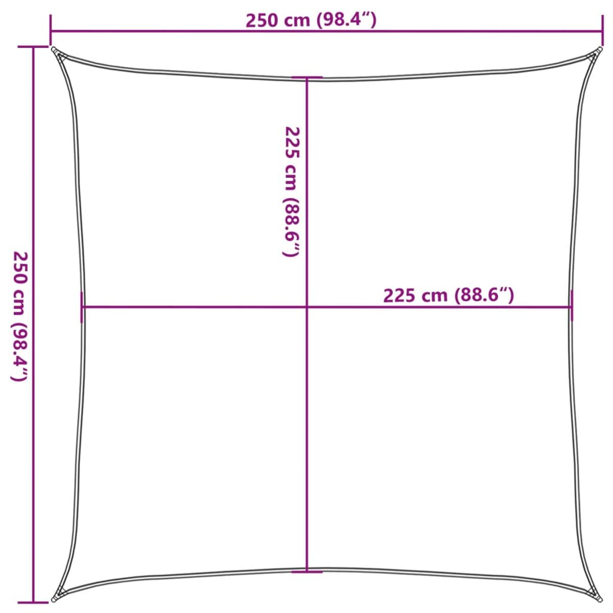 Quadratischer weißer Sonnensegel mit Abmessungen in cm und Zoll.