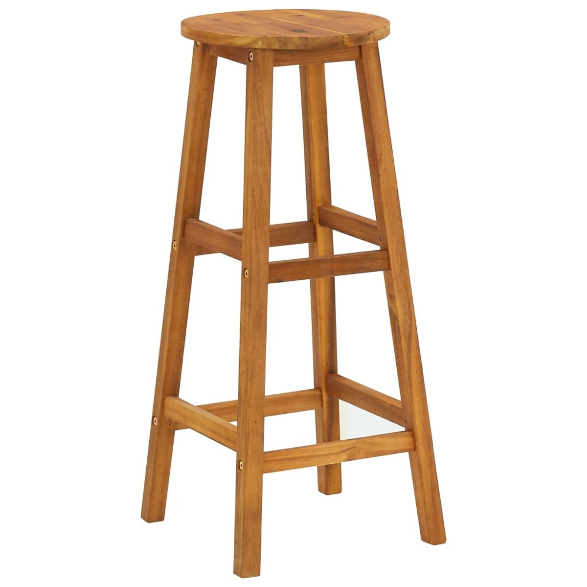 Ein hoher Barhocker aus Holz mit rundem Sitz, aus hellbraunem Holz gefertigt.