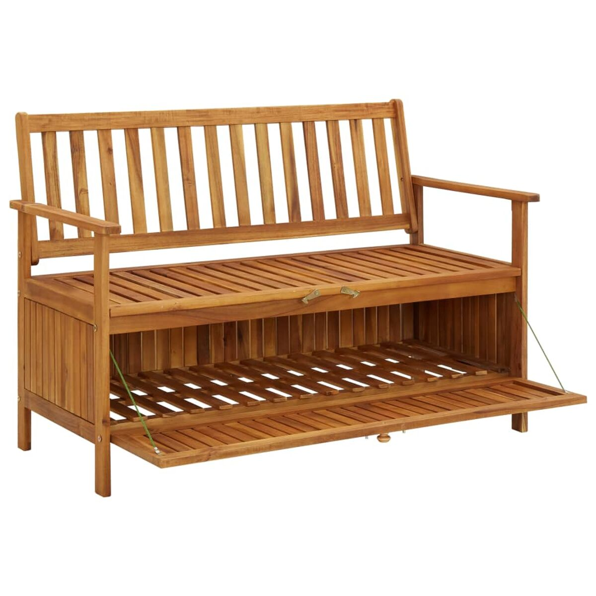 Holzbank mit Stauraum. Klappdeckel öffnet sich und gibt das Fach frei. Braune Farbe.
