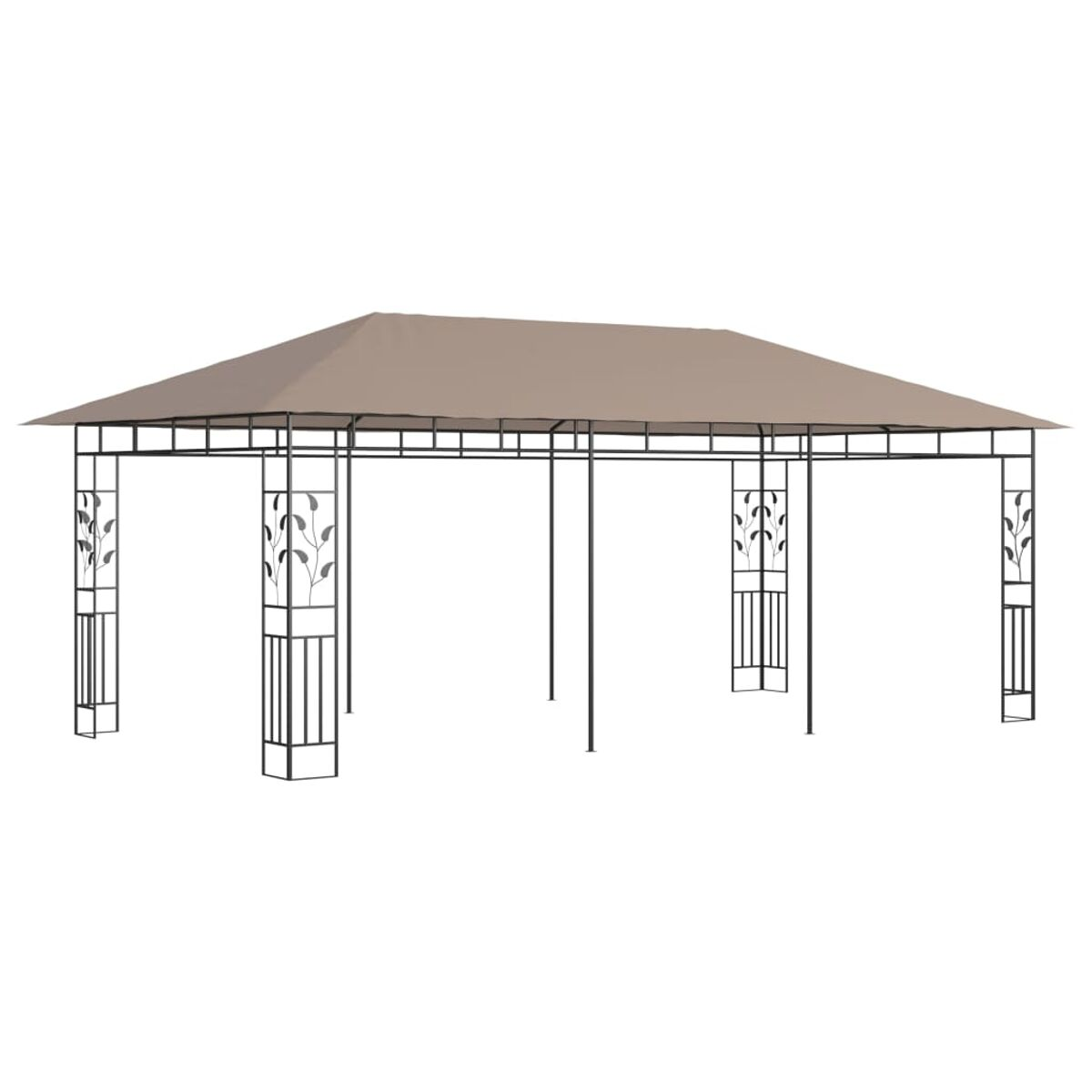 Pavillon mit braunem Dach und dekorativen Säulen. Das Design ist offen und luftig.