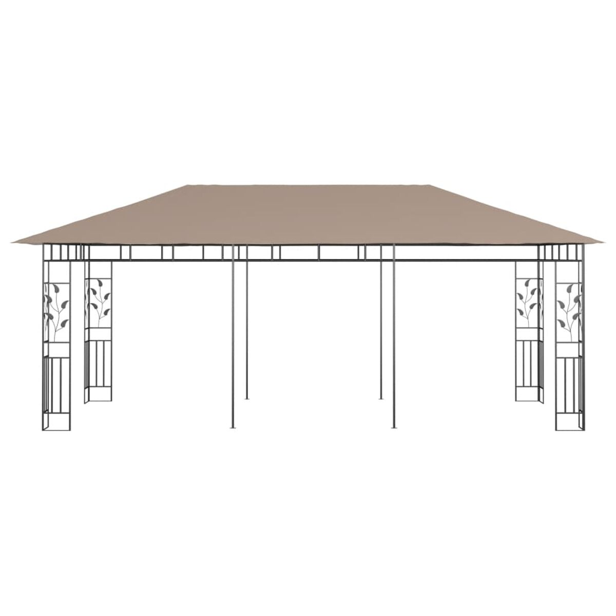Beiger Outdoor-Pavillon mit braunem Baldachin. Schwarzer Rahmen mit dekorativen Ausschnitten.
