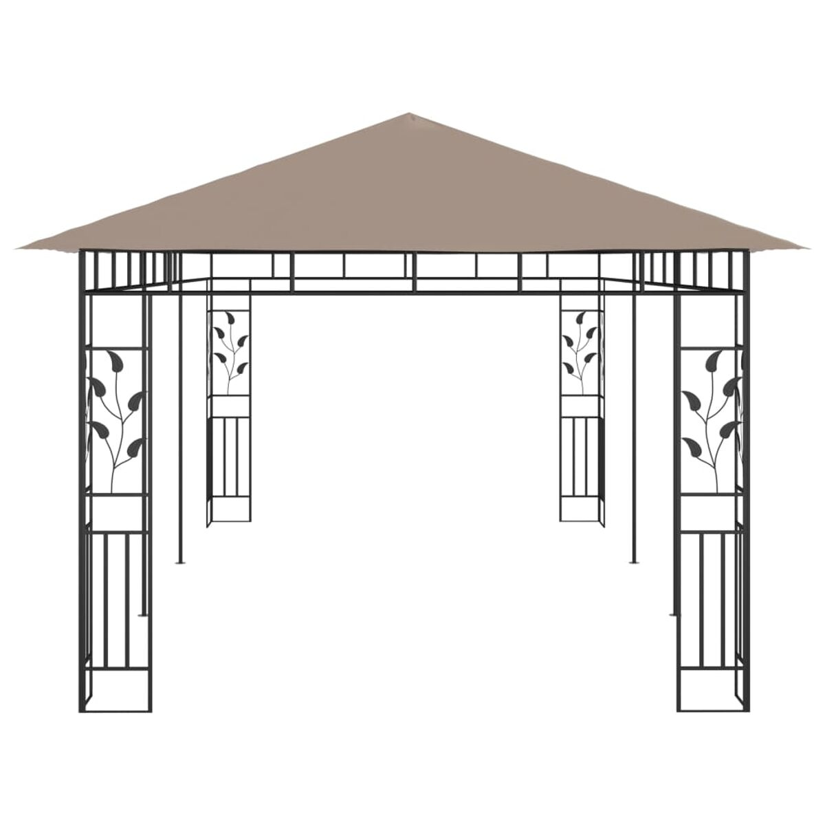 Schwarzer Metallpavillon mit dekorativem Blattdesign und braunem Dach. Weißer Hintergrund.