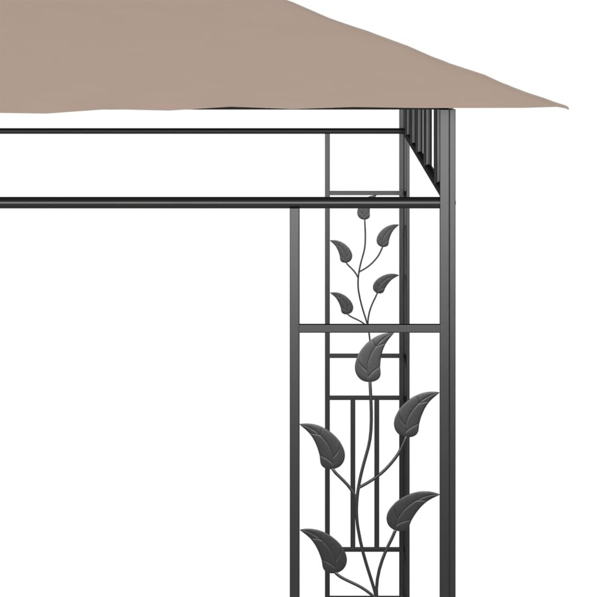 Gartenecke mit beigem Stoff, schwarzem Metallrahmen und blattförmigen Verzierungen.