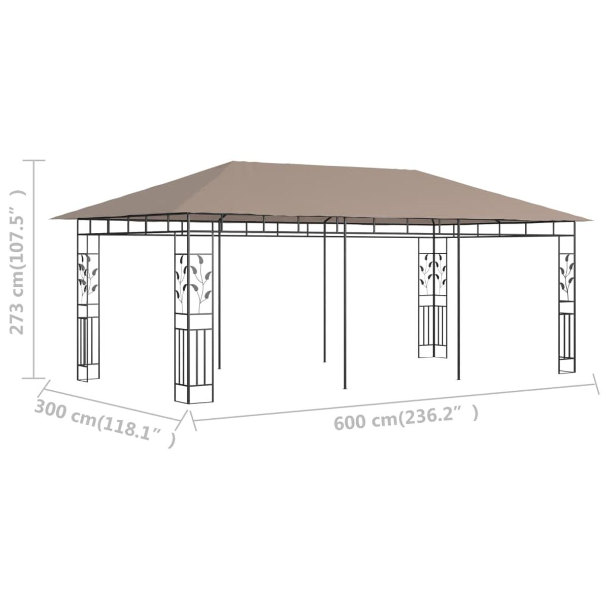 Pavillon mit beigem Dach und schwarzem Rahmen. Abmessungen sind beschriftet.