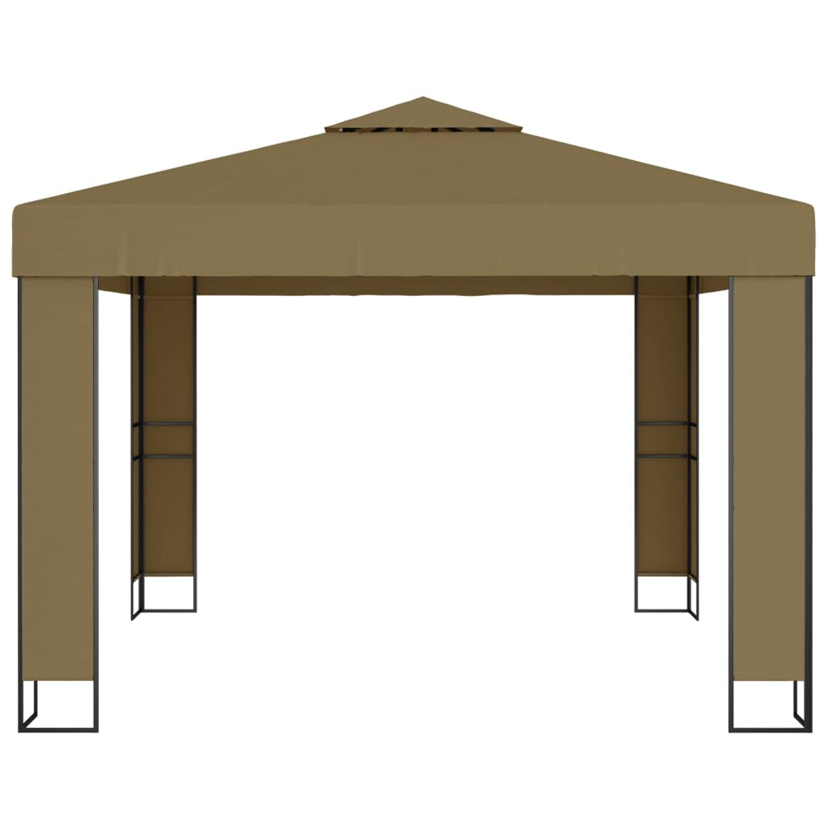 Ein brauner Pavillon mit spitzem Dach. Der Pavillon hat Pfosten sowie Stoffdach und Vorhänge.